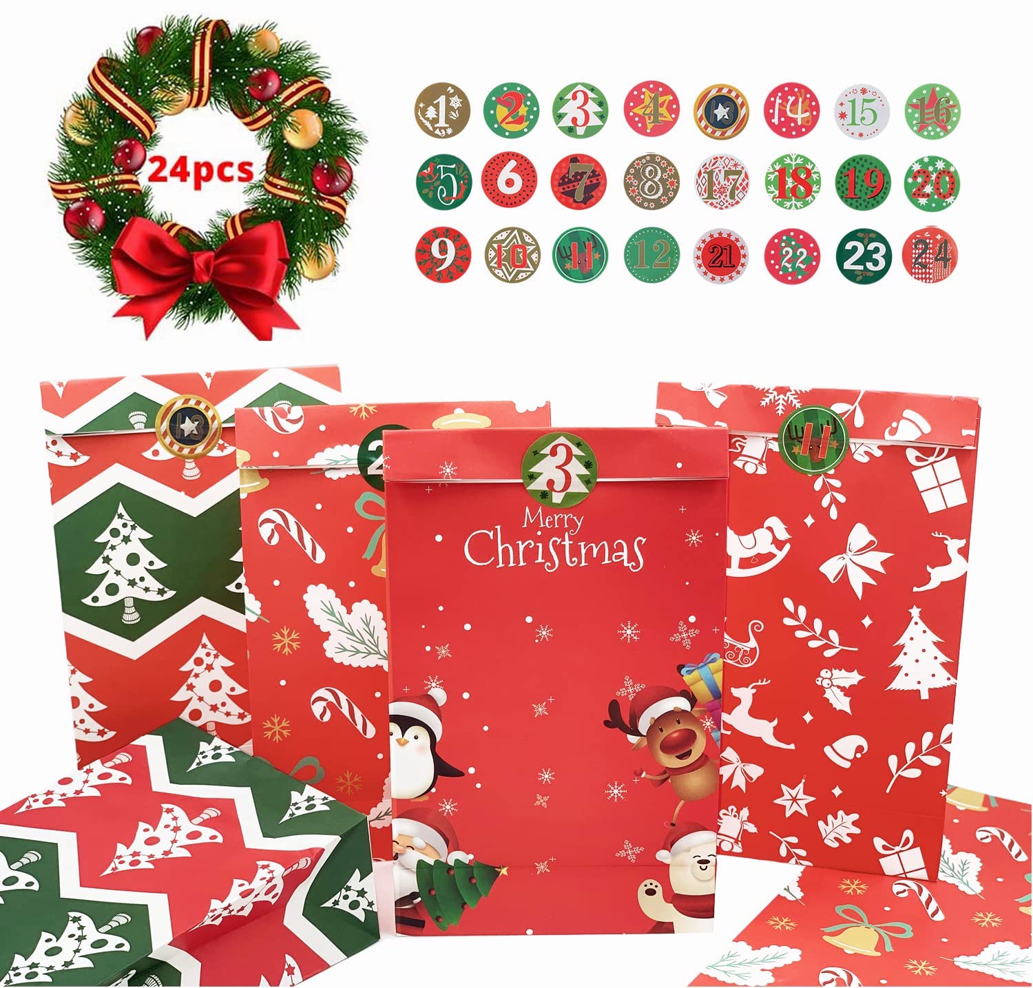 24 Pcs Christmas Treat Bags with Stickers for Holiday Party & Gifts