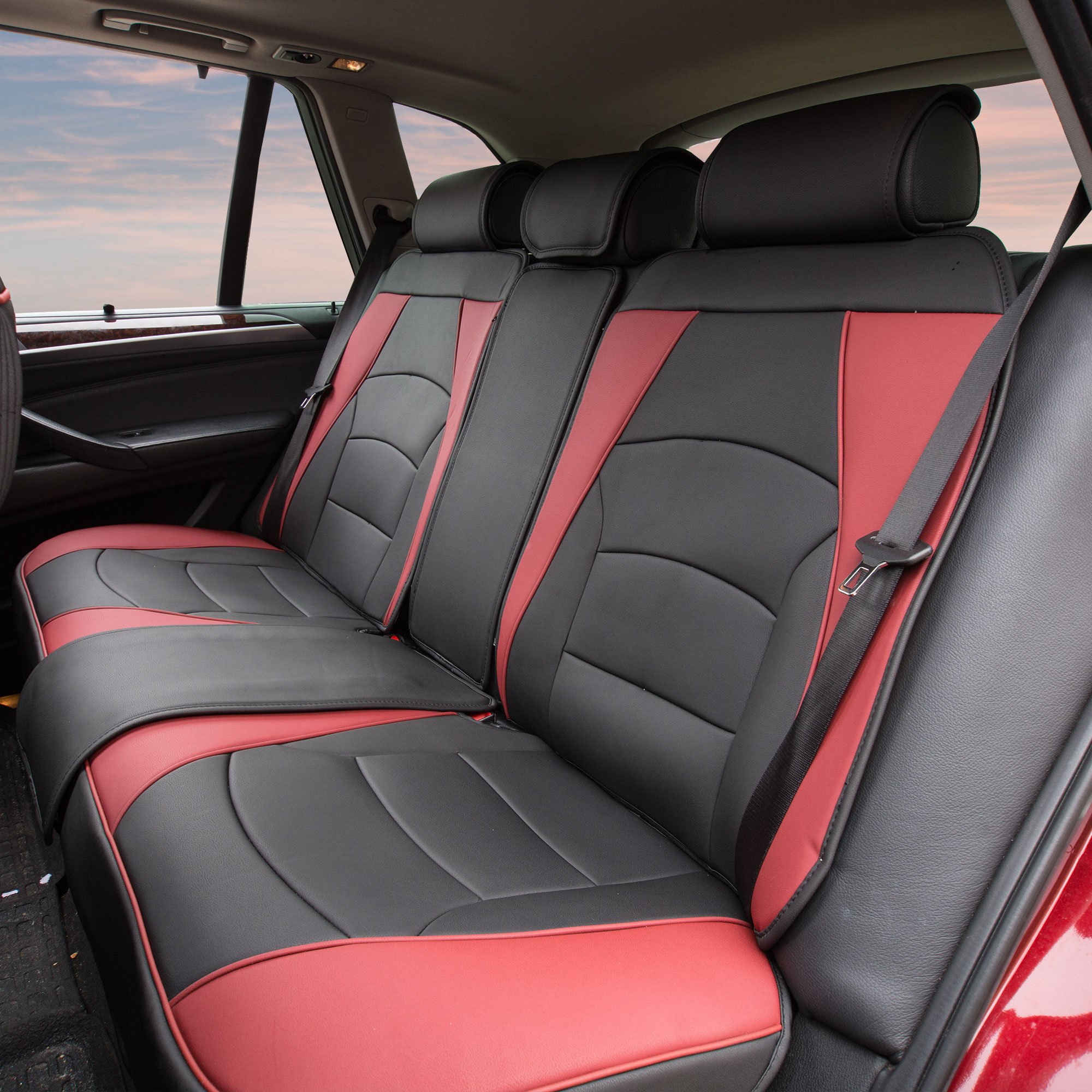 FH Group Universal Faux Leather Car Seat Covers - Split Rear Bench Design for SUVs, Sedans & Vans (Burgundy/Black) | Durable & Stylish Interior Upgrade for Road Trips & Family Protection