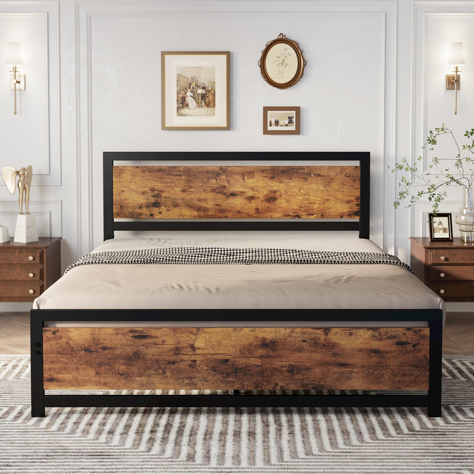 Vintage Brown Metal Queen Bed Frame with Headboard & Footboard - Sturdy Support, Easy Assembly, Noise-Free, No Box Spring Needed - Perfect for Master Bedroom, Guest Room & Vintage Home Decor