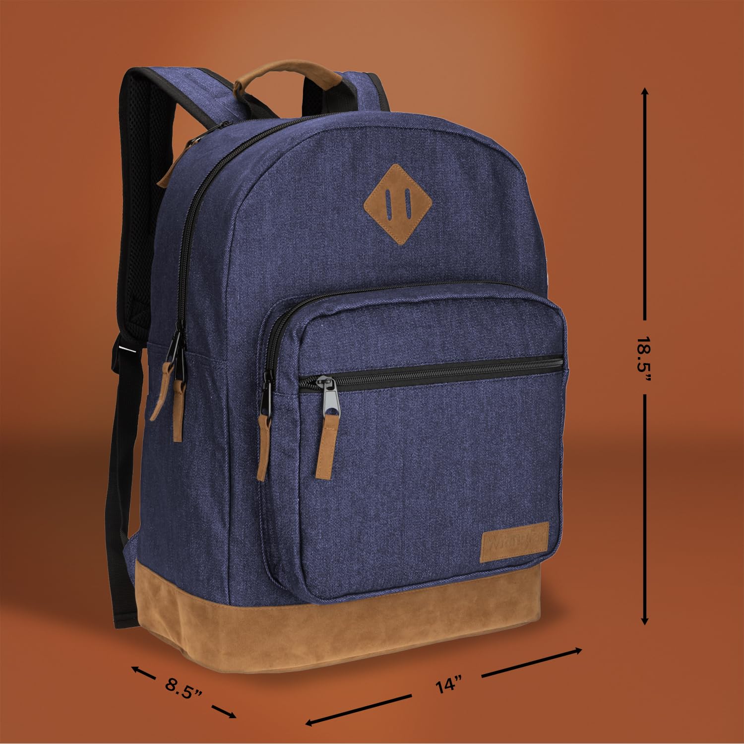 Wrangler Yellowstone Genuine Denim Backpack - Durable Travel Daypack with Padded Laptop Sleeve (15.6 Inch), Classic Logo Design - Navy Blue Denim - Perfect for School, Work, Hiking & Outdoor Adventures