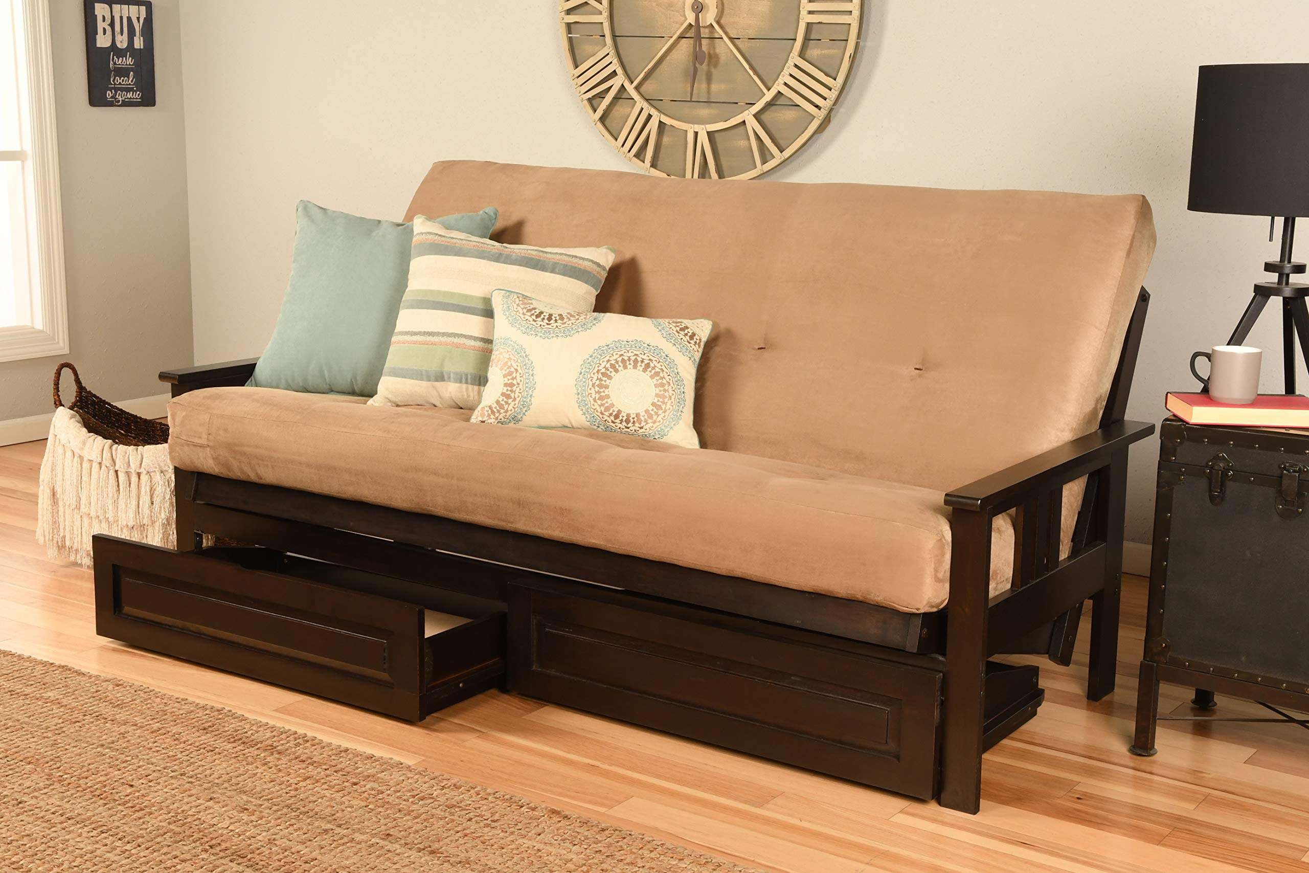 Eldorado Futon Sofa Bed - Full Size with Espresso Finish Frame & Coil Mattress (Peat Mattress, Frame with Drawers) - Perfect for Small Spaces, Guest Rooms & Apartments
