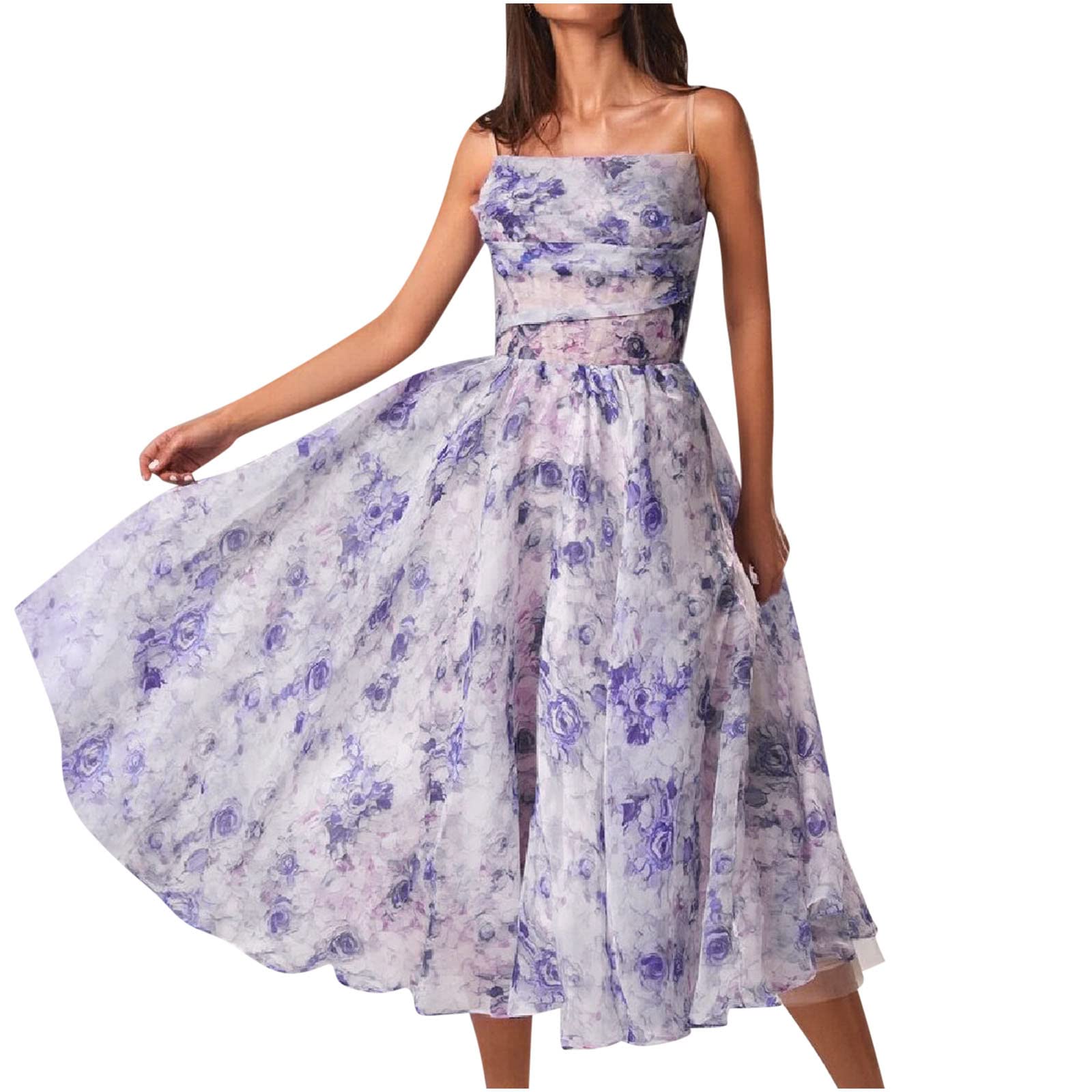 BmkBWO Women's Sexy Spaghetti Strap Floral Print A-Line Swing Midi Dress - Perfect for Wedding Guest, Party, Date Night & Casual Outings