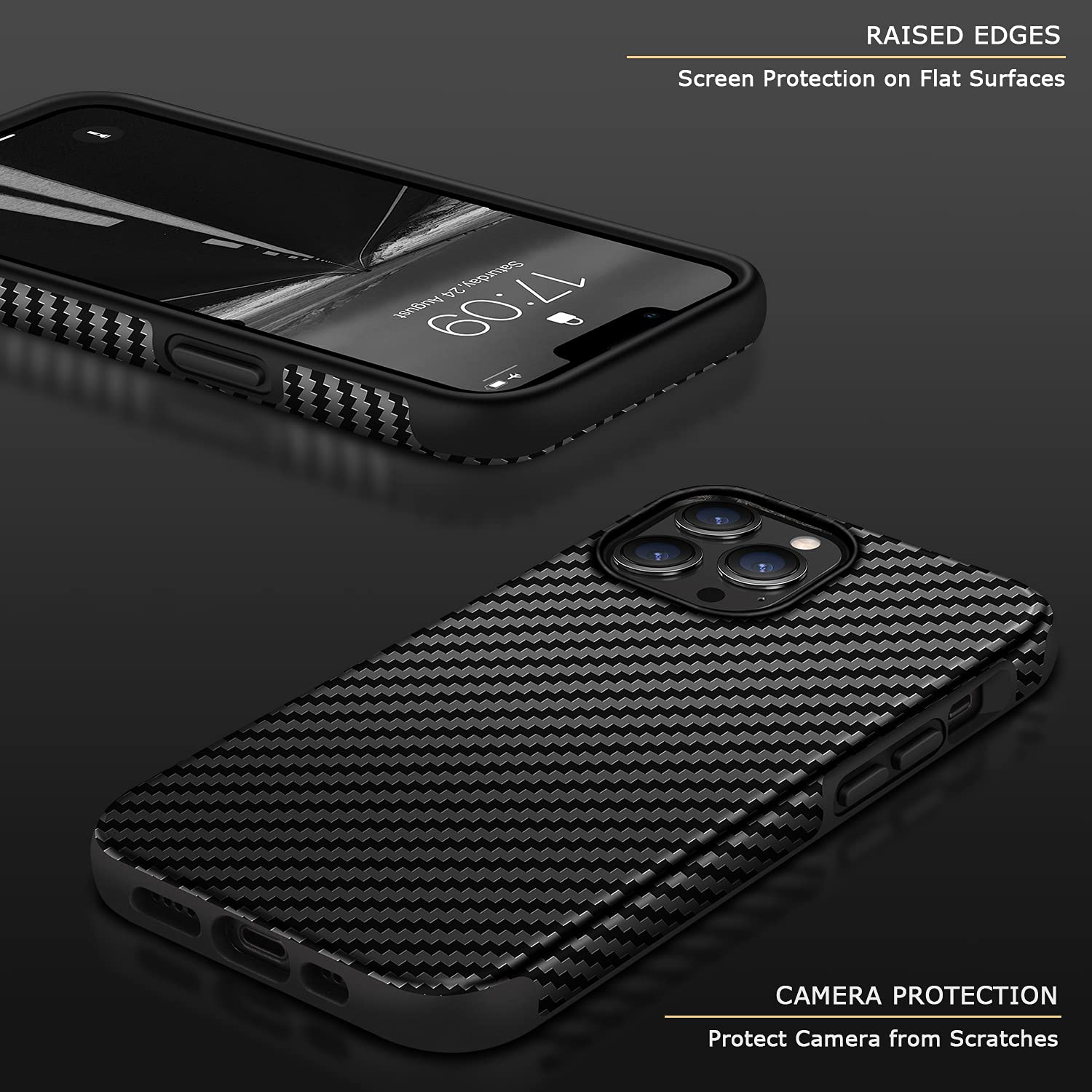 Premium Tasikar Leather Case for iPhone 13 Pro - Carbon Fiber Texture with Silicone Bumper & Hard Back Cover | Protective 6.1
