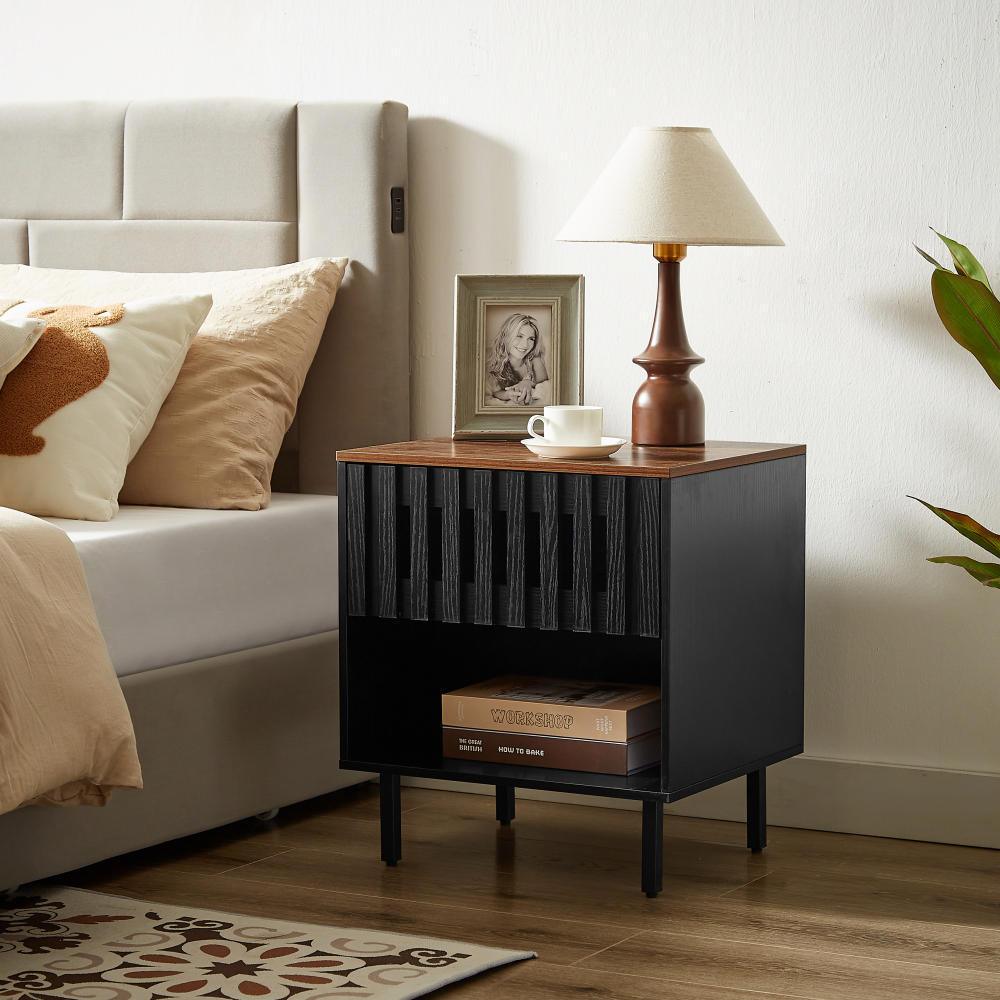 2-Piece Mid Century Modern Nightstand Set with Grille Striped Doors & Slatted Drawer - Bedside End Tables with Metal Legs for Bedroom Decor | Perfect for Small Spaces, Guest Rooms & Apartment Living