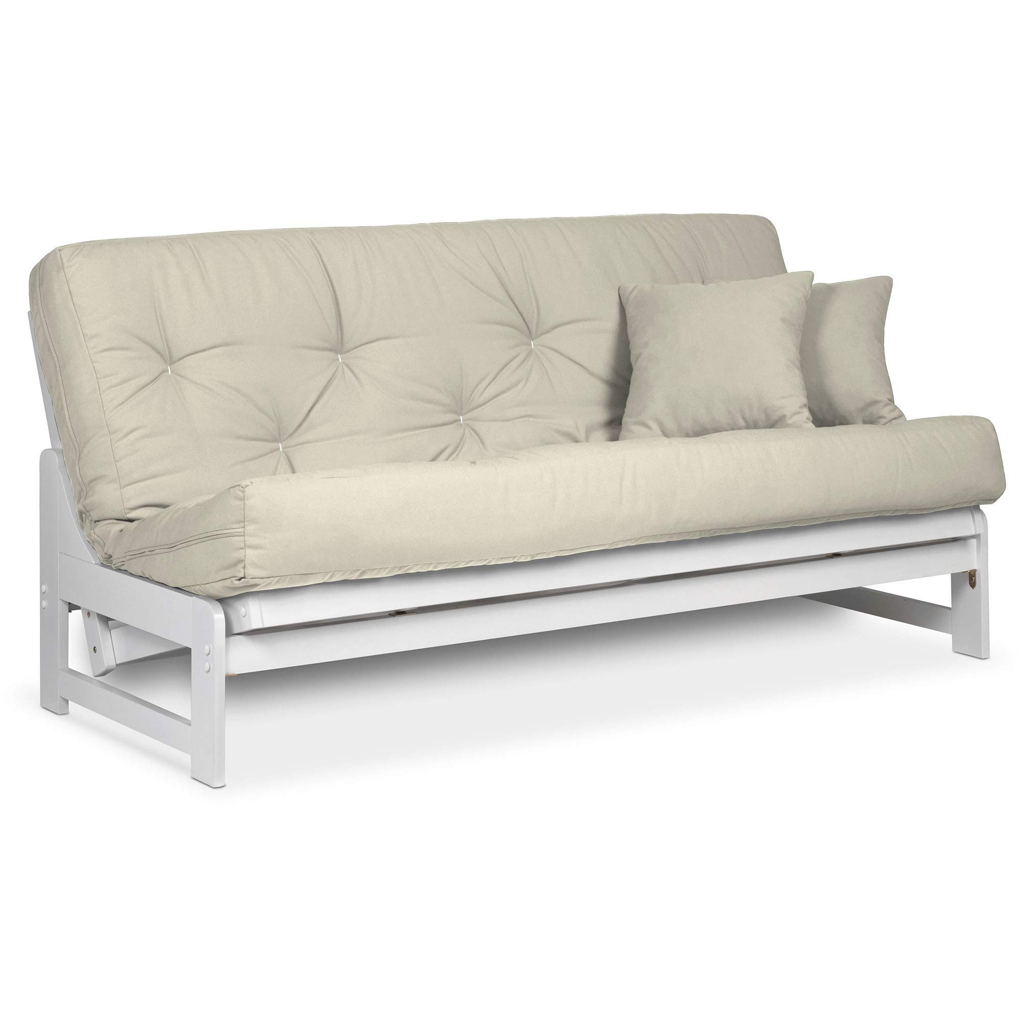 Arden White Queen Size Futon Set - Armless Futon Frame with Mattress Included (Twill Ivory), Space Saving Modern Sofa Bed Sleeper for Small Apartments, Guest Rooms & Home Offices
