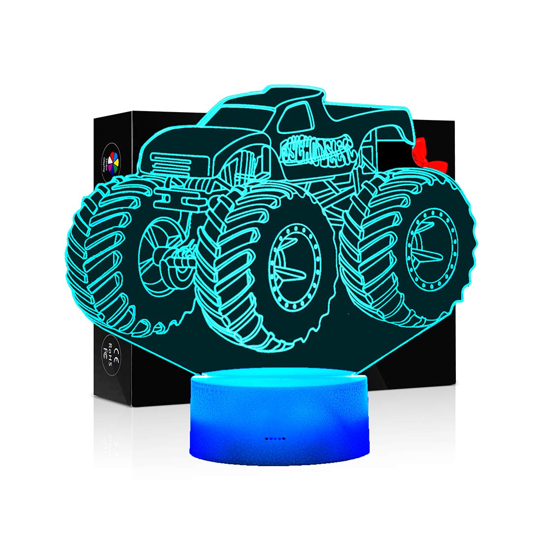 3D LED Illusion Night Light - Monster Truck Shape with 7 Color Changing Modes | Cool Kids Room Decor, Bedside Lamp for Boys | Perfect Birthday Gift for Children | Ideal for Bedrooms, Playrooms & Sleep Aid