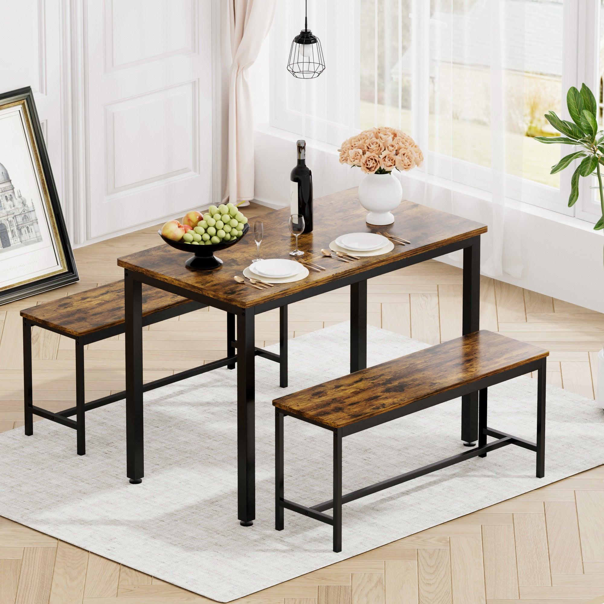 Industrial Dining Table Set with 2 Benches - 43.3
