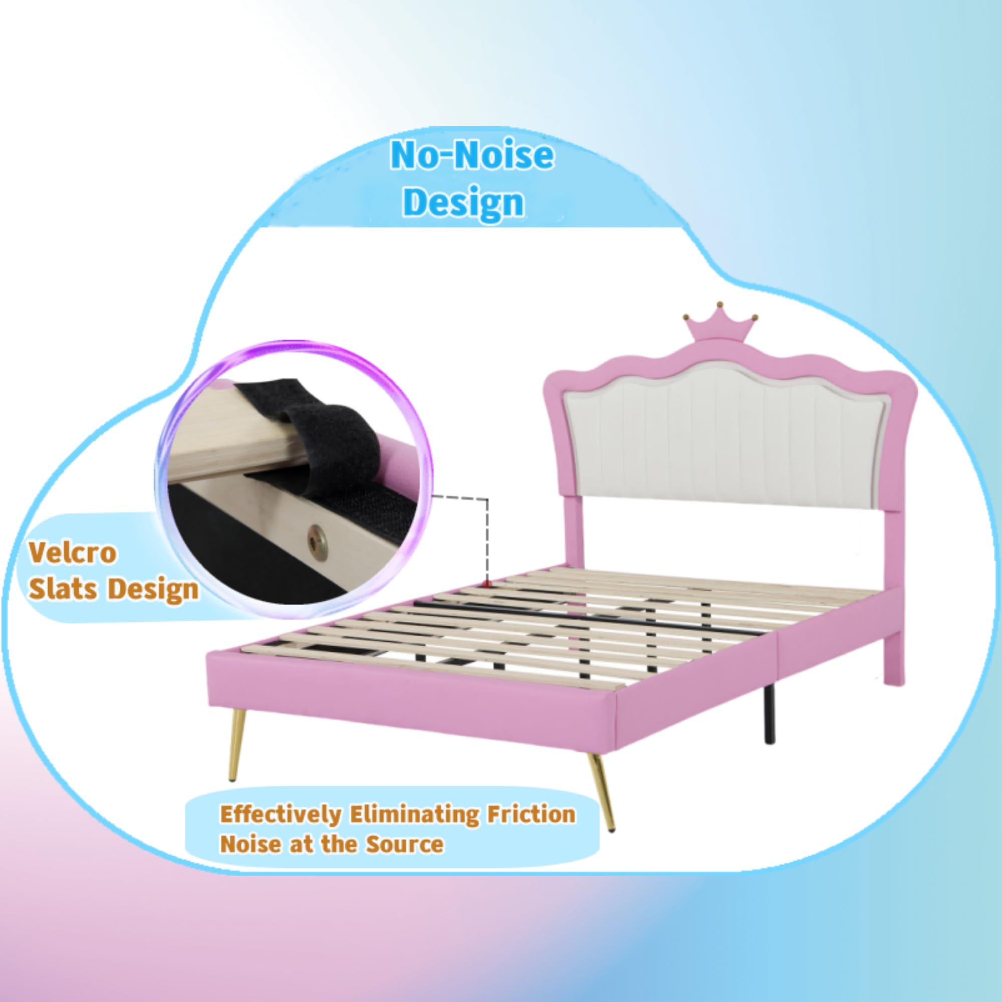 Linique Full Size Upholstered Bed Frame with LED Lights - Modern Princess Bed with Crown Headboard in Pink & White - Perfect for Girls' Bedroom, Teen Room Decor & Luxury Bedroom Makeover