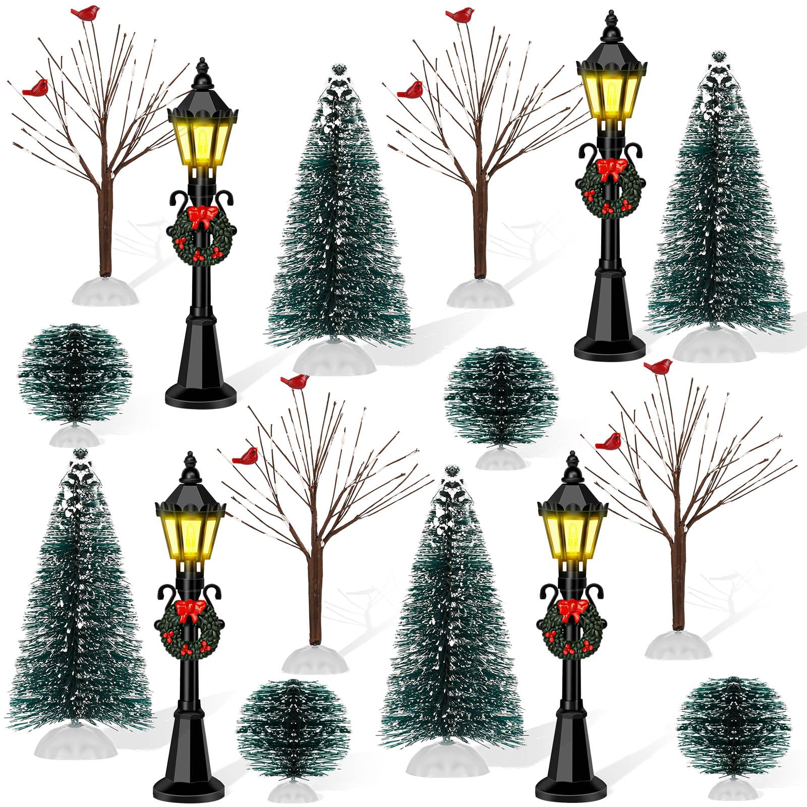 16-Piece Christmas Figurine Village Set with Mini Street Lights, Brush Trees & Lantern Posts - DIY Micro Landscape, Fairy Garden, Holiday Tabletop Decor for Christmas Villages & Winter Displays