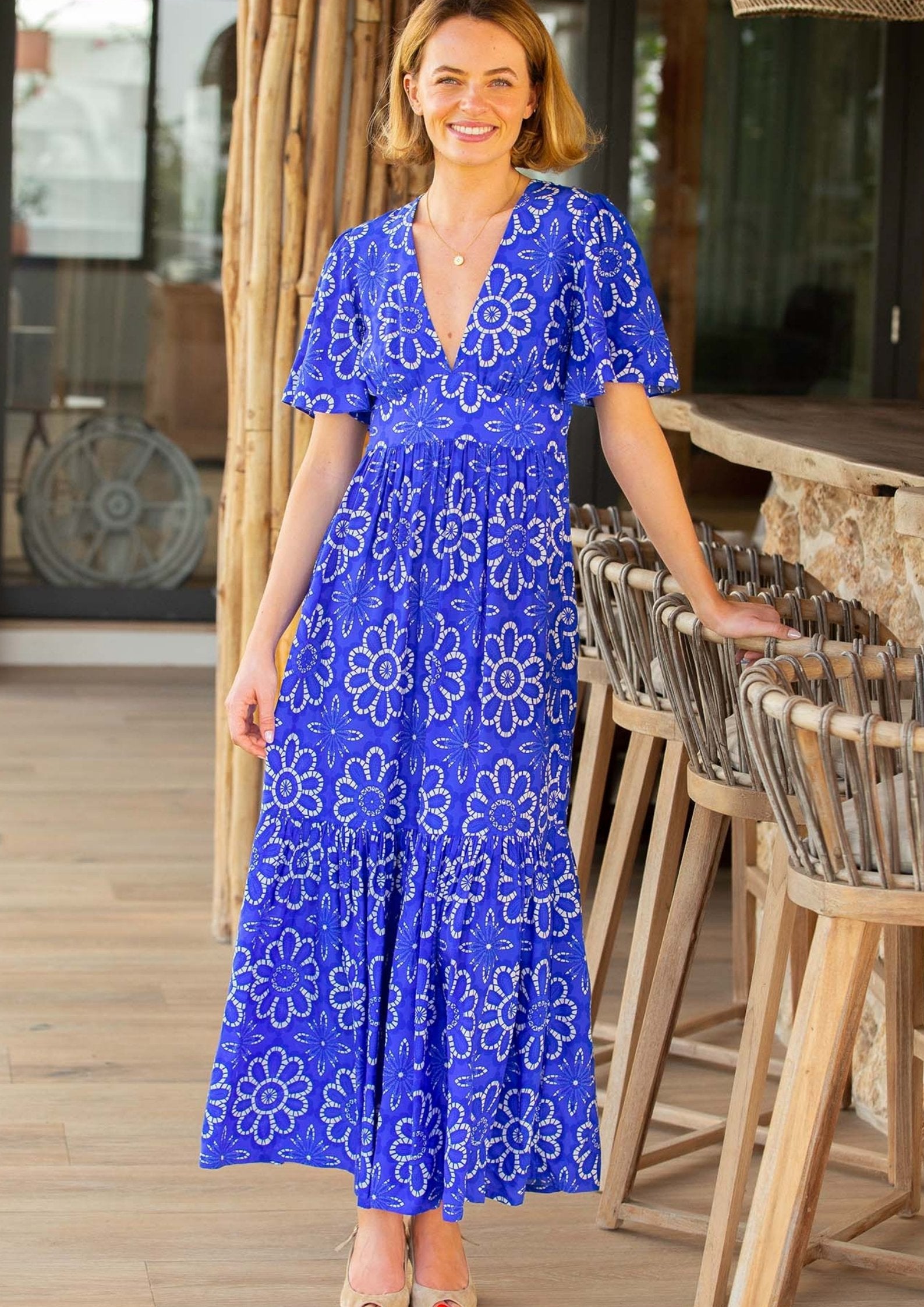 Sylvie EcoVero™ Floral Lace Dress in Cobalt Blue & White | Sustainable Viscose Women's Fashion | Perfect for Weddings & Summer Parties