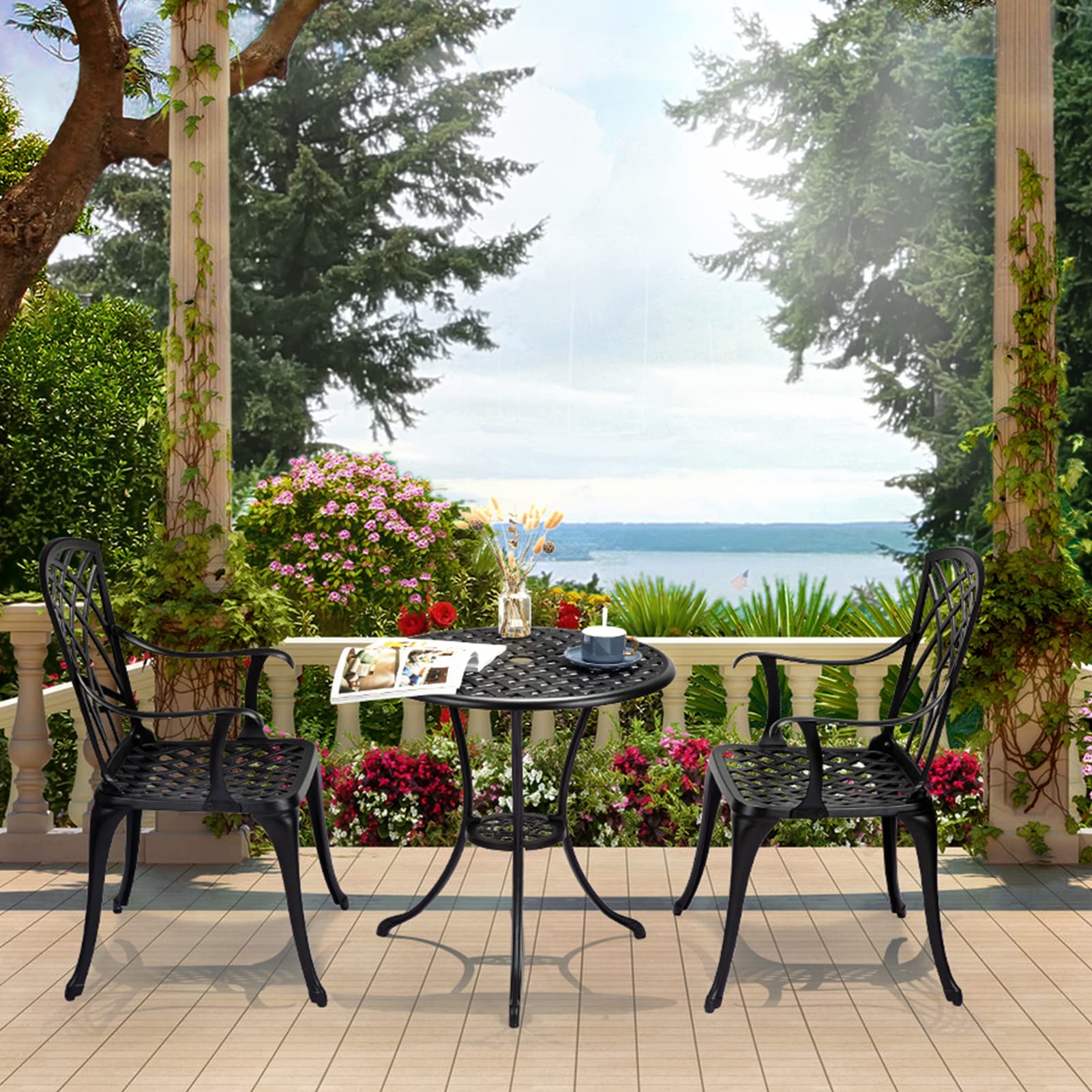 IDEALHOUSE 3-Piece Cast Aluminum Patio Bistro Set with Umbrella Hole - Rust-Resistant Outdoor Table and Chairs for Garden, Backyard, Balcony - Indoor/Outdoor Use - Perfect for Coffee Mornings, Outdoor Dining, and Relaxing in Black