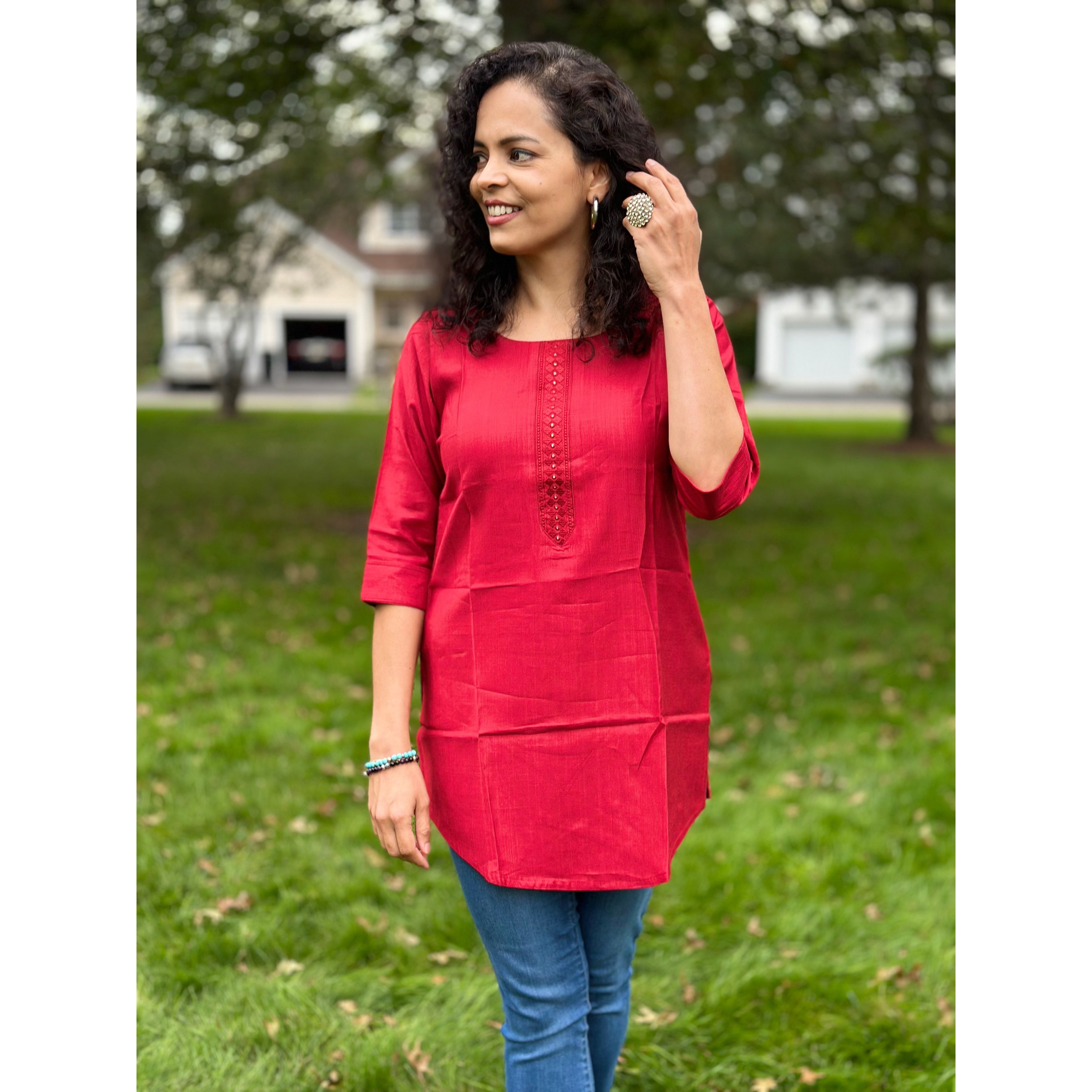 Stylish Red Short Kurti for Women - Trendy Cotton Casual Wear for Summer & Festivals | Perfect for Parties, Outings & Daily Comfort
