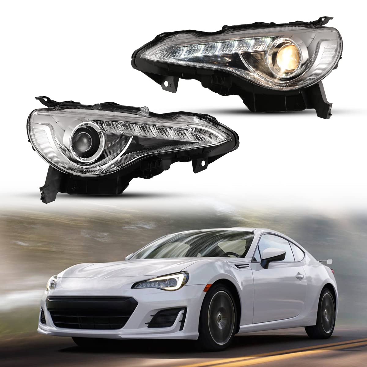 Nixon Offroad LED Headlights Assembly for Toyota 86 / Subaru BRZ / Scion FR-S (2013-2016) - Projector DRL, High Low Beam, Turn Signal Lights - Chrome Housing with Clear Lens - 1 Pair - Perfect for Night Driving & Off-Road Adventures