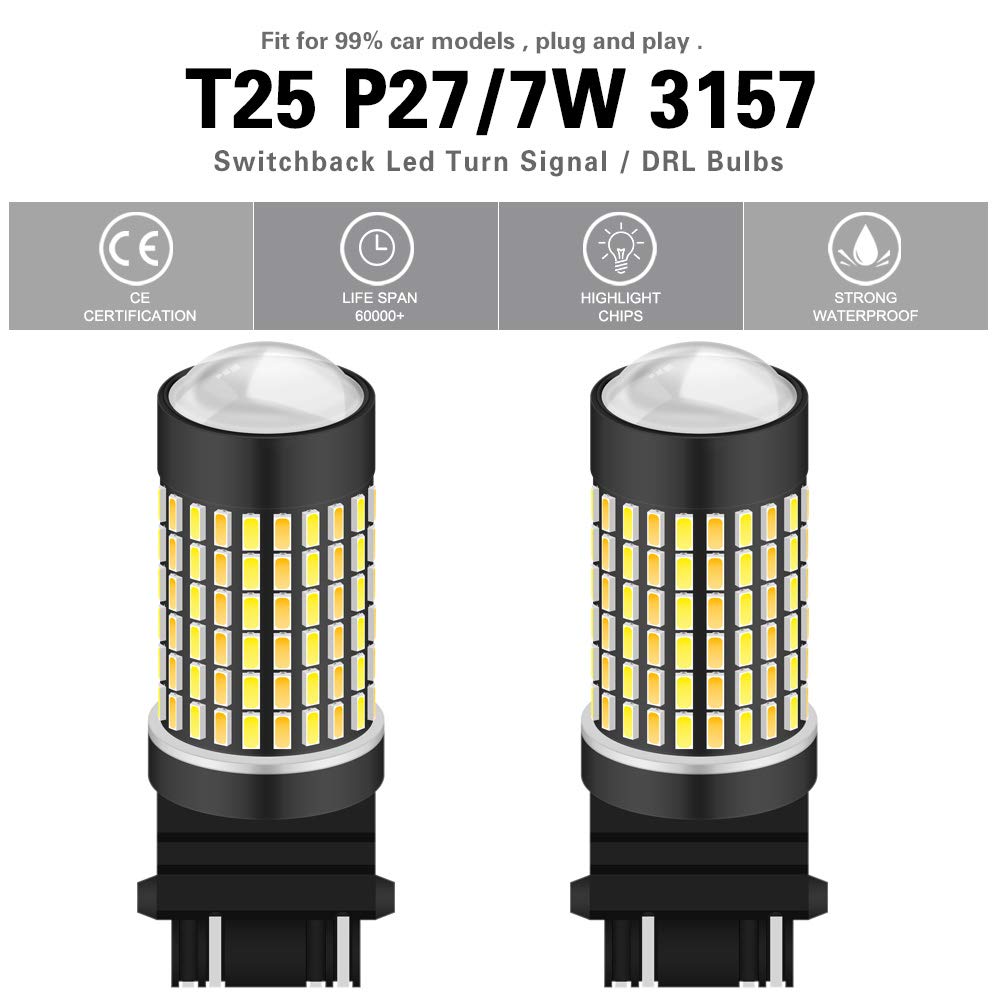 3157 3157A LED Turn Signal Bulbs - CANBUS Ready with Resistors, Dual Color White/Amber, Super Bright 1600LM, Switchback Function - Compatible with 3156 4157 DRL Daytime Running Lights - 3014 120SMD 6500K (Pack of 2) - Perfect for Cars, Trucks, SUVs and Motorcycles - Upgrade Your Vehicle's Safety and Style