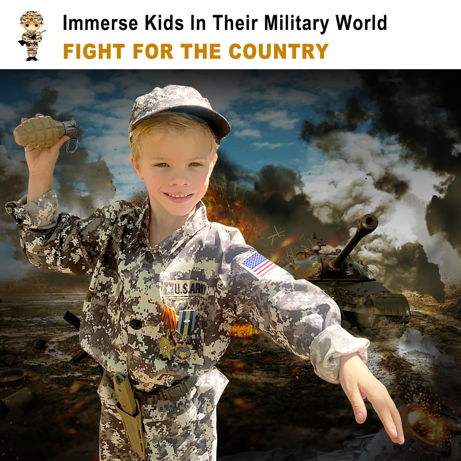 INNOCHEER Kids Army Costume - Military Soldier Halloween Costume for Boys Ages 3-12 | Perfect for Halloween Parties, Dress-Up Play & Patriotic Events