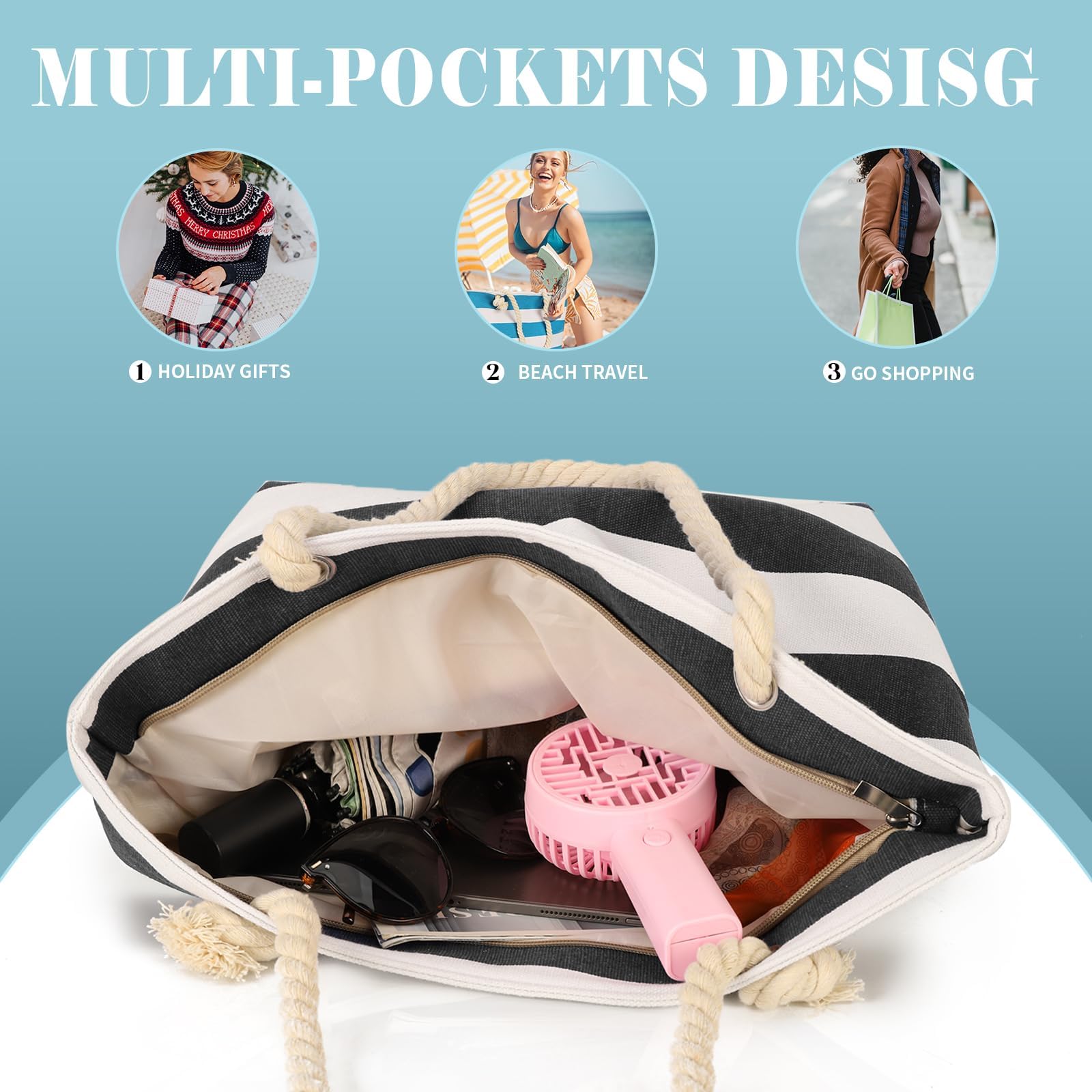 LAVTUG Waterproof Canvas Beach Tote Bag for Women - Large Zippered Travel Tote, Reusable Grocery Shopping Bag | Perfect for Beach Trips, Poolside Lounging & Weekend Getaways
