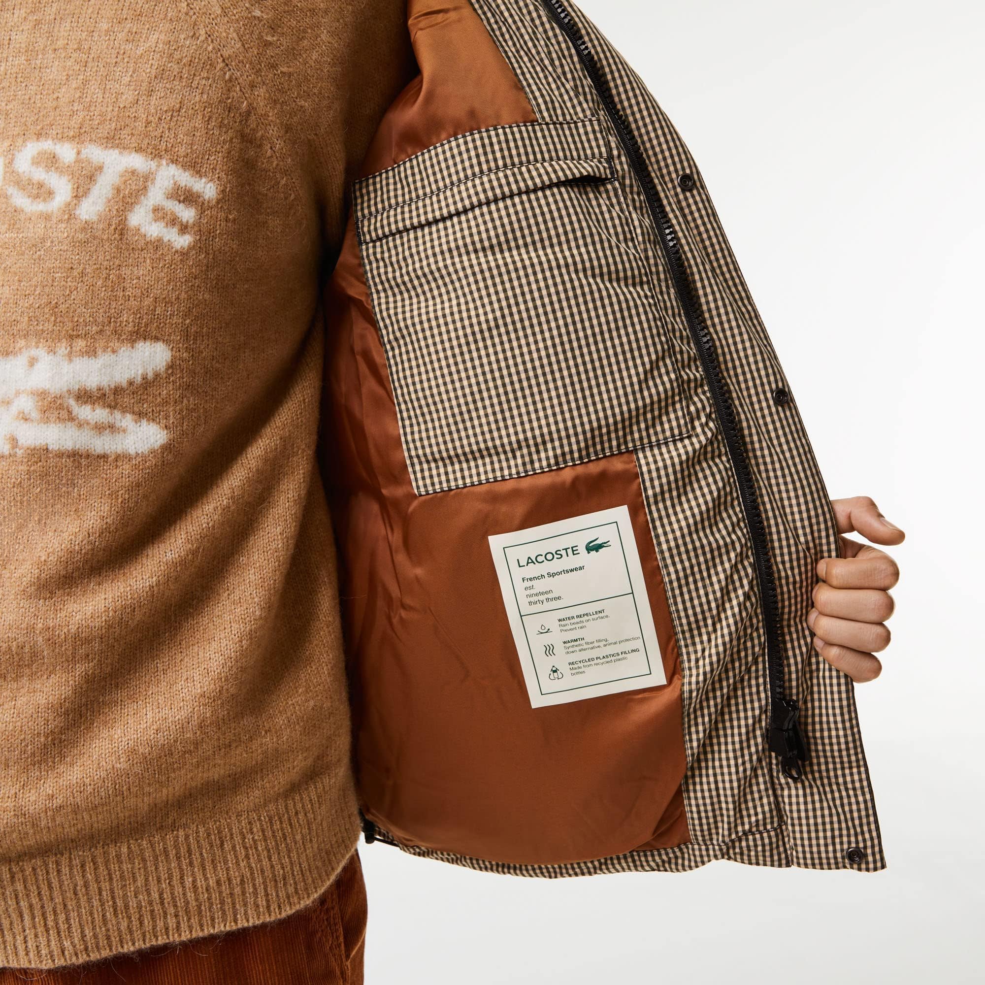 Lacoste Men's Check Print Water-Repellent Twill Padded Jacket | Lightweight Winter Coat for Outdoor Activities & Casual Wear