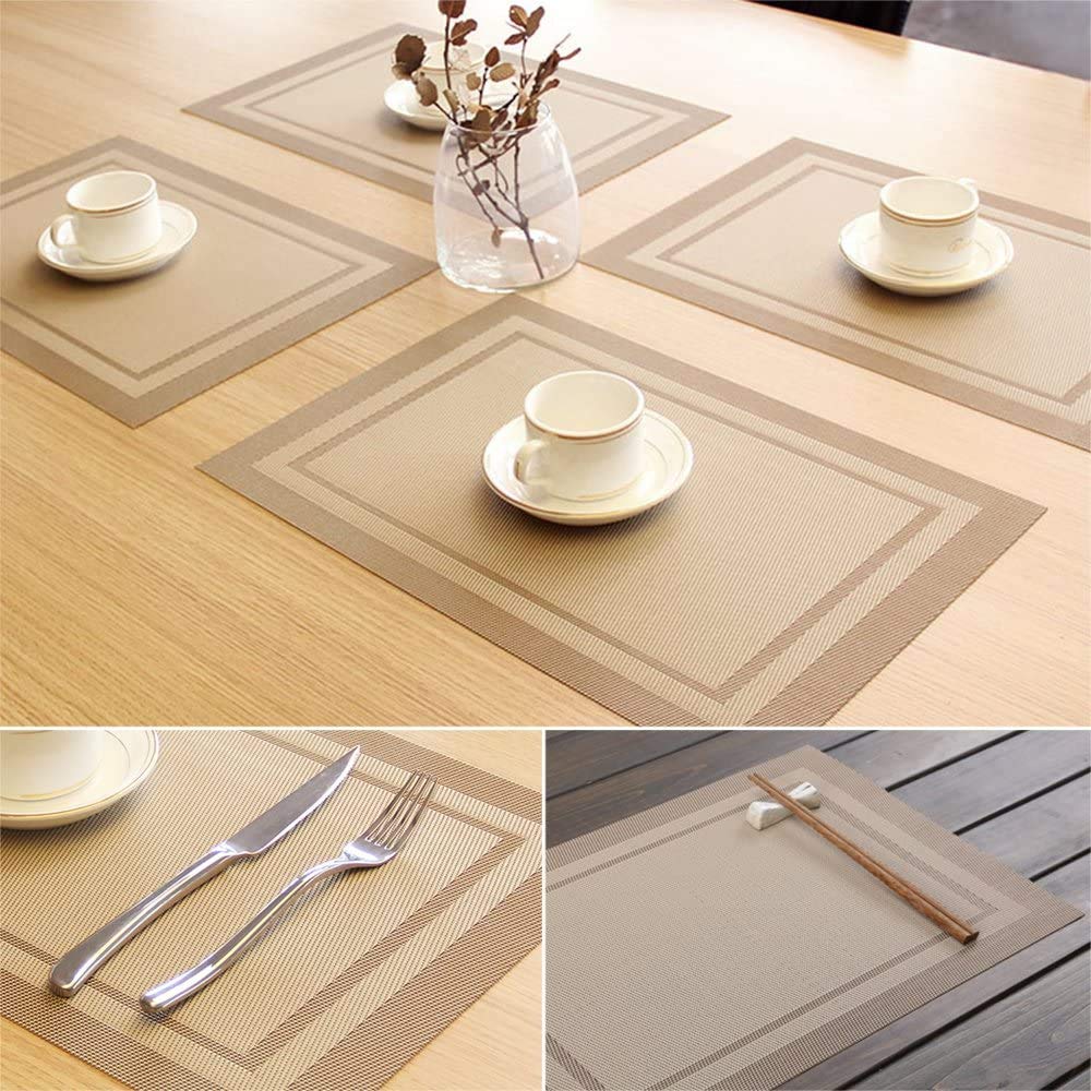 Washable PVC Placemats Set - 6 Woven Vinyl Table Mats + 1 Beige Table Runner for Dining Room, Kitchen & Outdoor Use - Waterproof & Durable Tableware Accessories