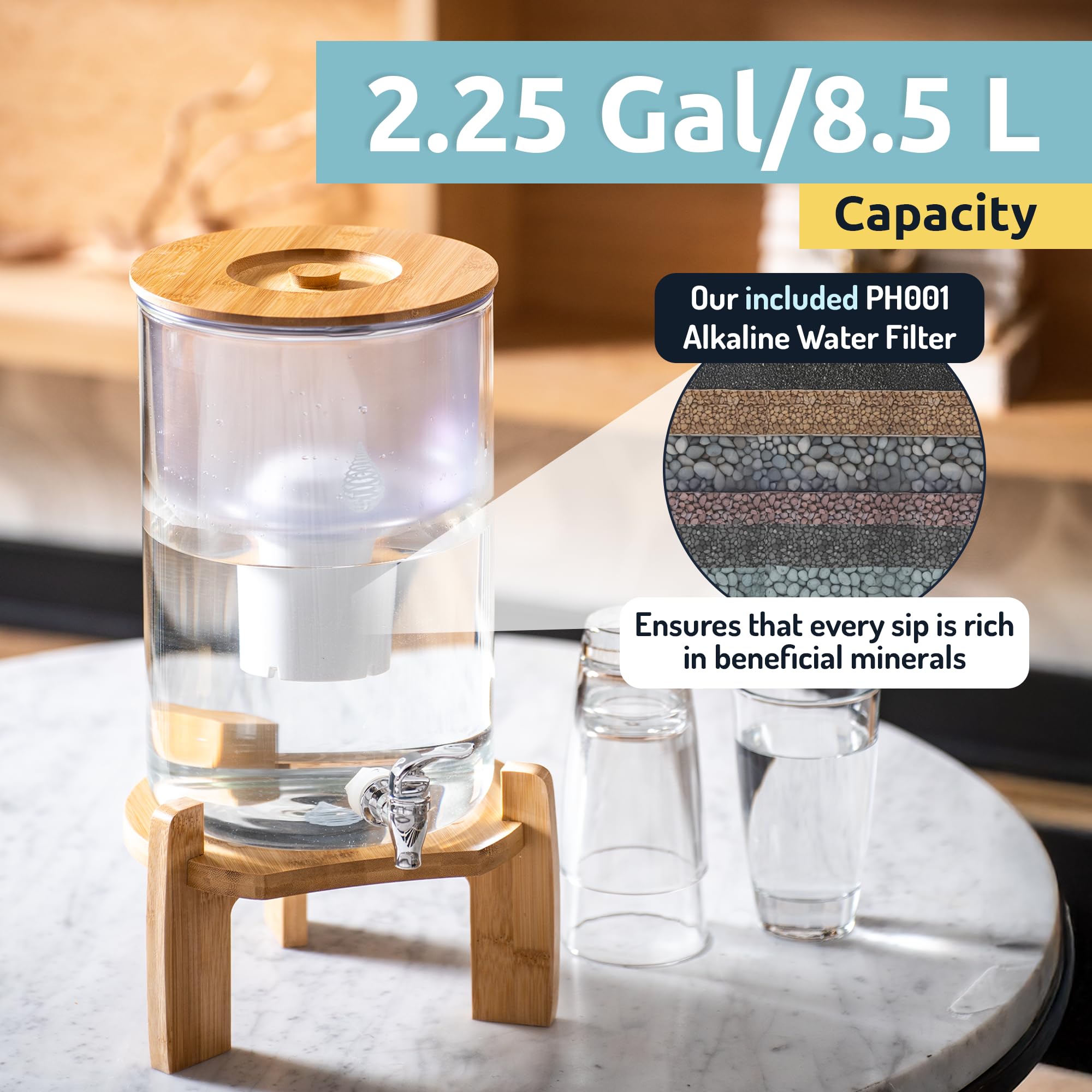 Alkaline Water Filter Pitcher with pH Recharge Technology - 8.5L/2.25 Gal Countertop Water Purifier System for Home & Office - High pH Drinking Water Filtration - Perfect for Kitchen, Office, Gym & Travel Use