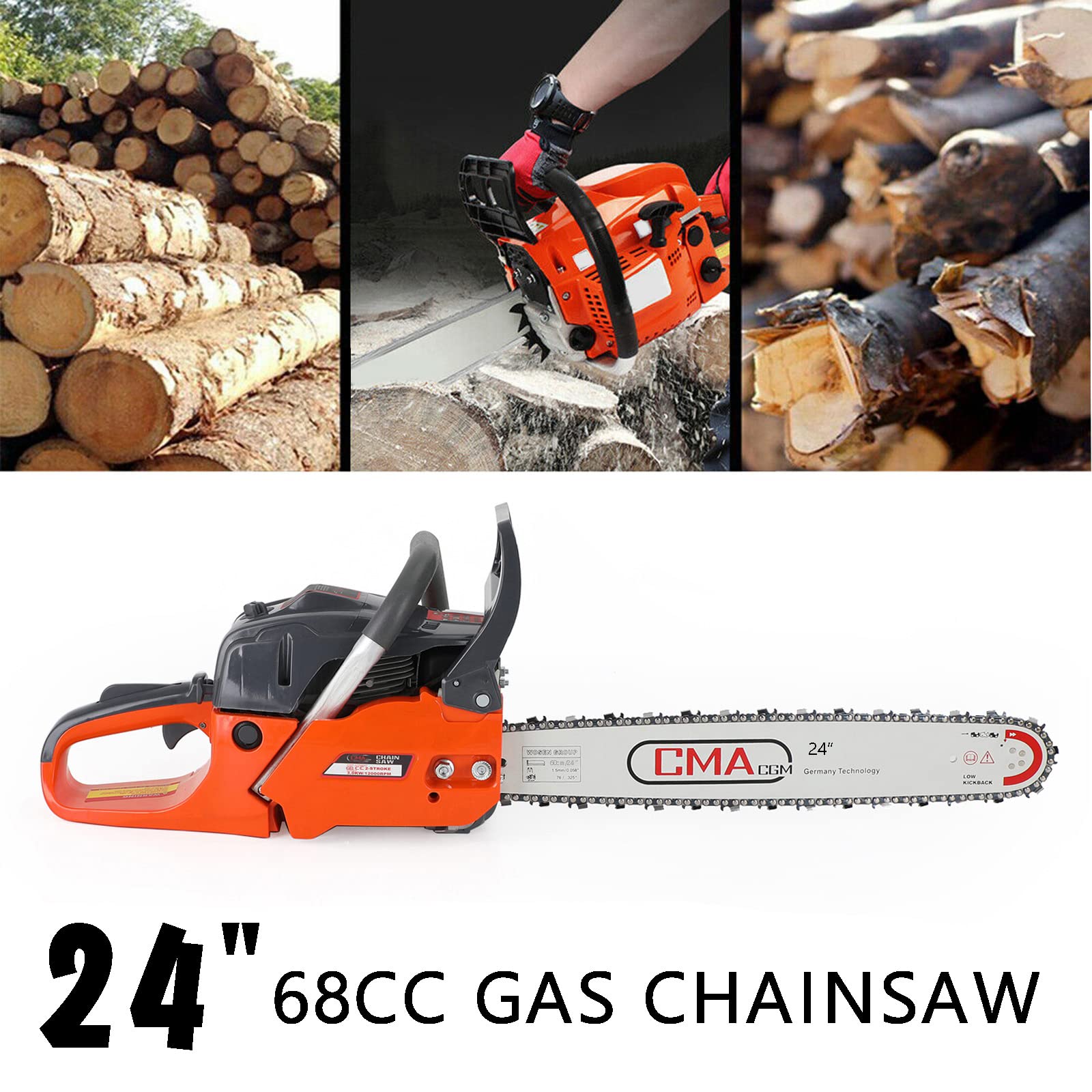 Topteng 24 Inch 68cc 2-Cycle Gas Chainsaw - Powerful 24