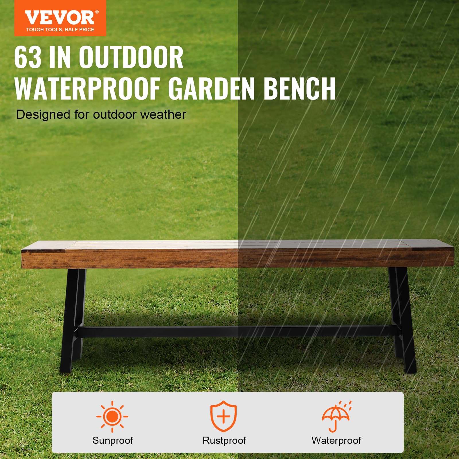VEVOR 3-Person Outdoor Wood Bench - 500 lbs Weight Capacity, Weatherproof & Rot-Resistant Patio Bench for Garden, Park, Yard, Front Porch - Perfect for Outdoor Relaxation, Picnics, and Backyard Decor (63