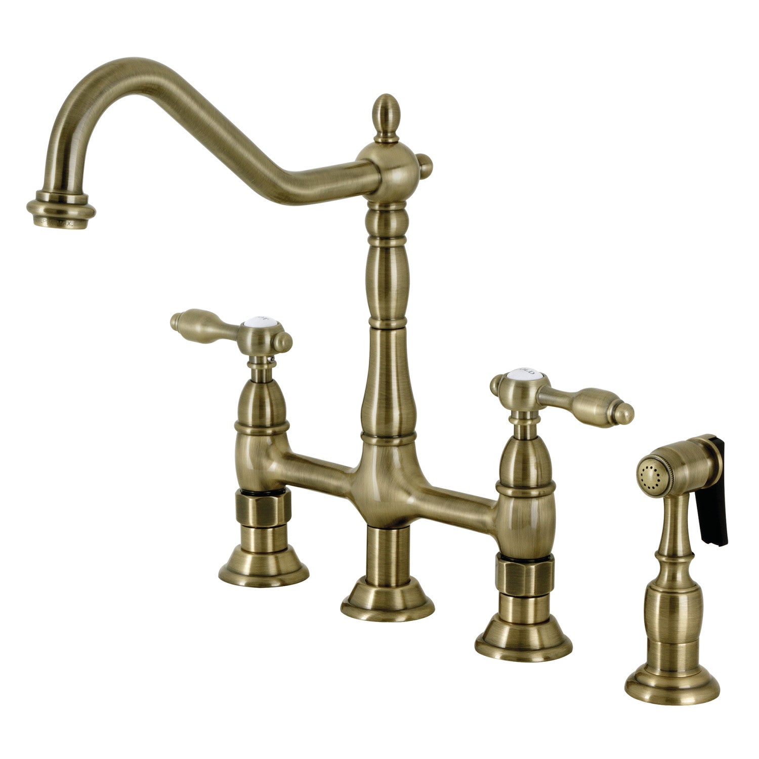 Arcticstone 30 Inch White Farmhouse Apron Kitchen Sink with Deck Mount Bridge Faucet - Brass Side Sprayer & Basket Strainer in Antique Brass Finish | Perfect for Rustic & Modern Farmhouse Kitchens