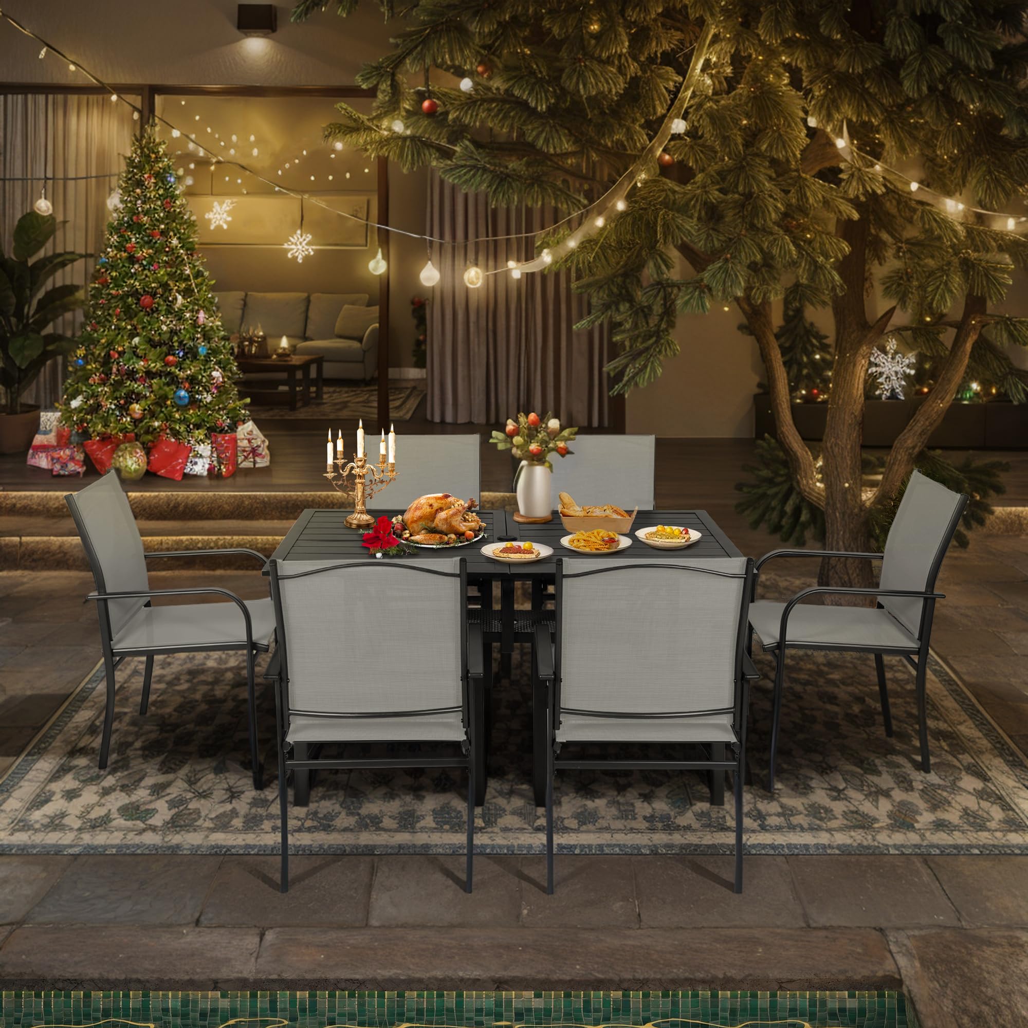 **Crownland 7-Piece Outdoor Patio Dining Set with Textilene Chairs & Rectangular Table - Light Grey - Perfect for Backyard, Garden, and Poolside Dining**