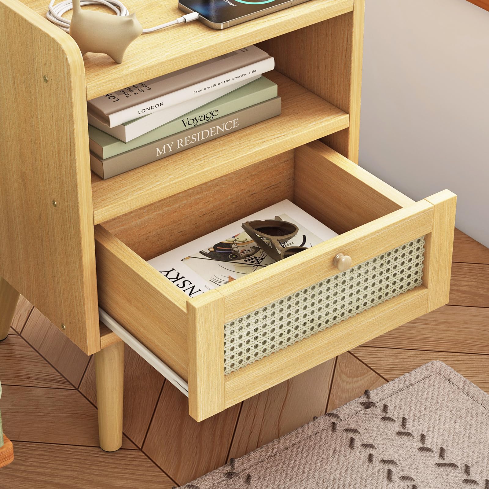 Fixwal Nightstand Set of 2 with USB Charging Station, Rattan Decor Drawer & Open Storage - Solid Wood Bedside Tables for Bedroom, Living Room & Guest Room - Perfect for Phone Charging & Bedside Storage