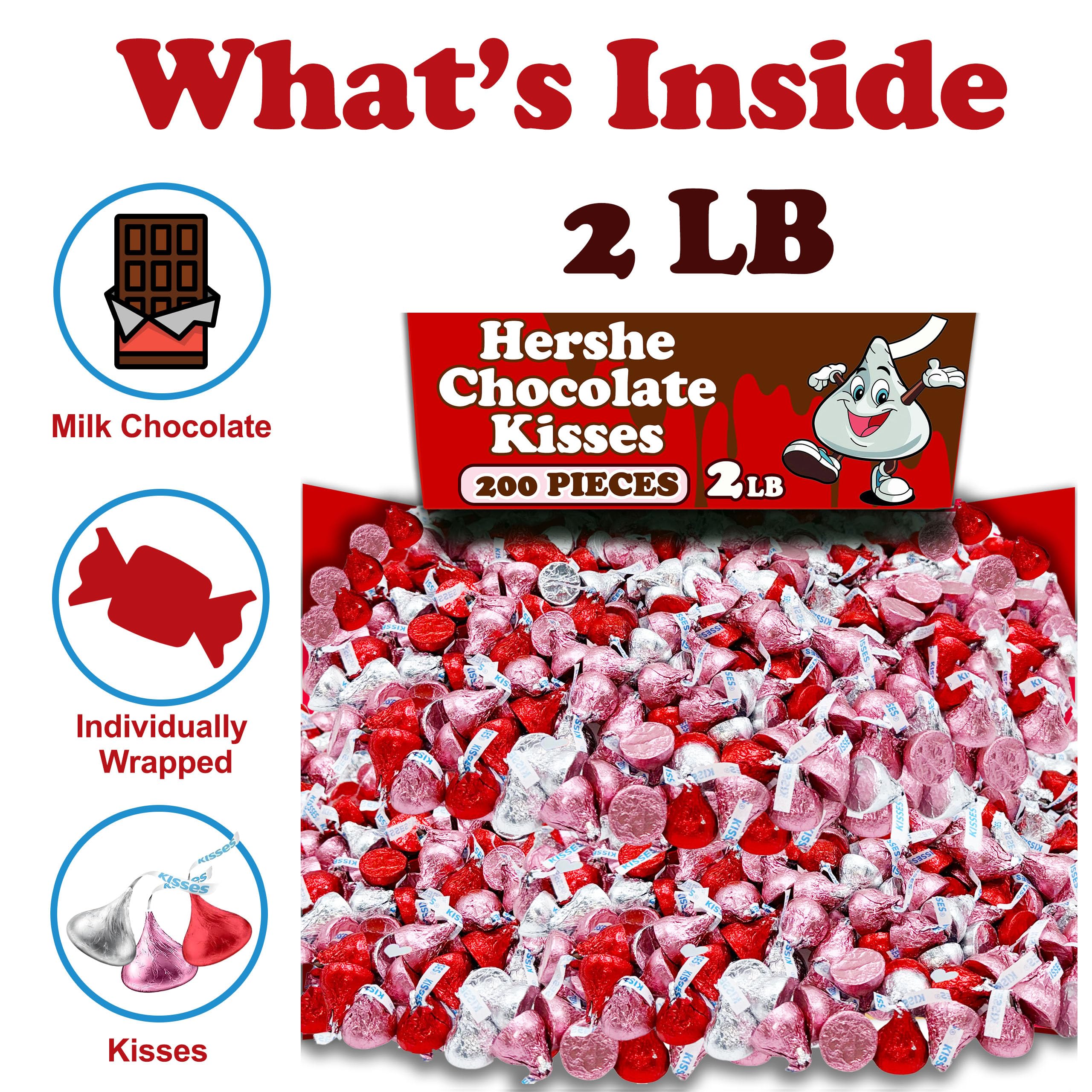 Hershey's Kisses Milk Chocolate Bulk 2 Lbs - Assorted Red, Pink & Silver Foils - Individually Wrapped Bite-Size Candies - Perfect for Holidays, Parties, Gift Baskets & Office Treats (Approx 200 Pieces)