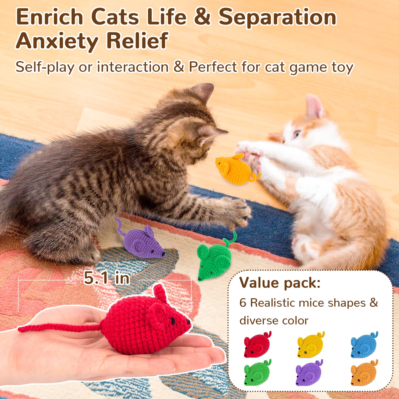 Retro Crochet Catnip Toys for Kittens - 6 Pack Yarn Mice with Catnip, Safe Teeth Cleaning & Interactive Kicker Toys for Indoor Cats - Perfect for Playtime, Training, and Stress Relief