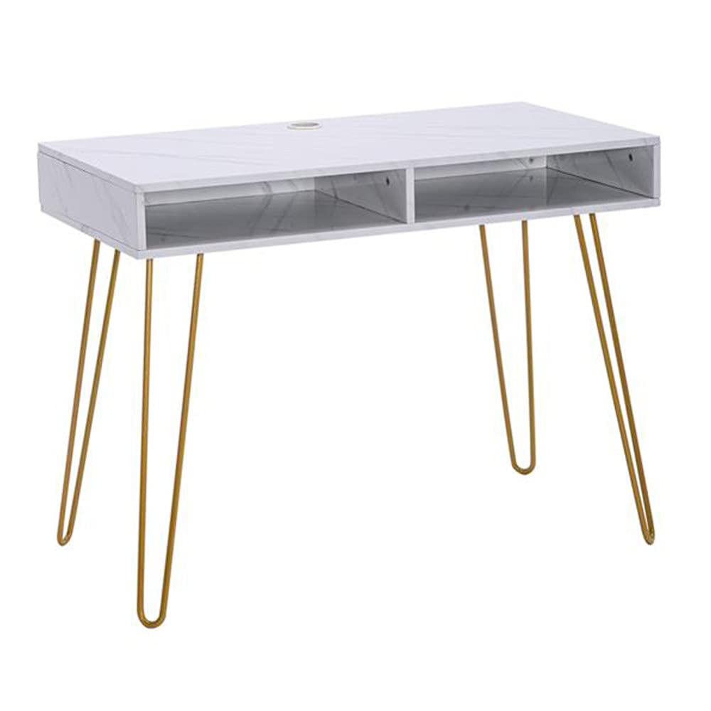 Modern White Marble Computer Desk with 2 Spacious Open Storage & Gold Metal Hairpin Legs - Home Office Desk, Study Table for Small Spaces, Gaming Setup & Remote Work
