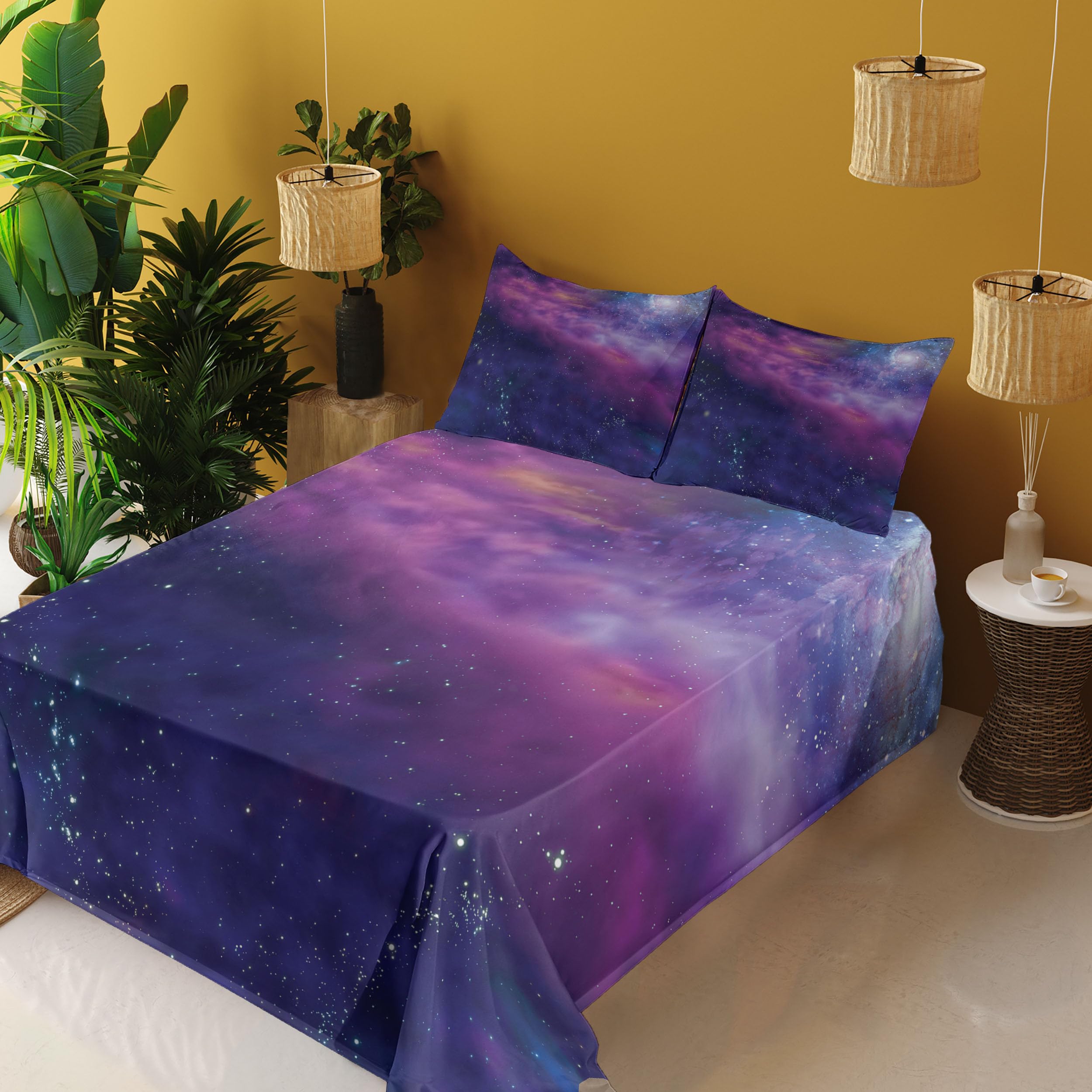 Ambesonne Outer Space Bedding Set - 4 Piece Full Size Sheet Set with Fitted Sheet, Flat Sheet & Pillowcases - Galaxy Print with Star Clusters & Milky Way Design in Purple & Blue - Perfect for Astronomy Lovers & Space Themed Bedrooms