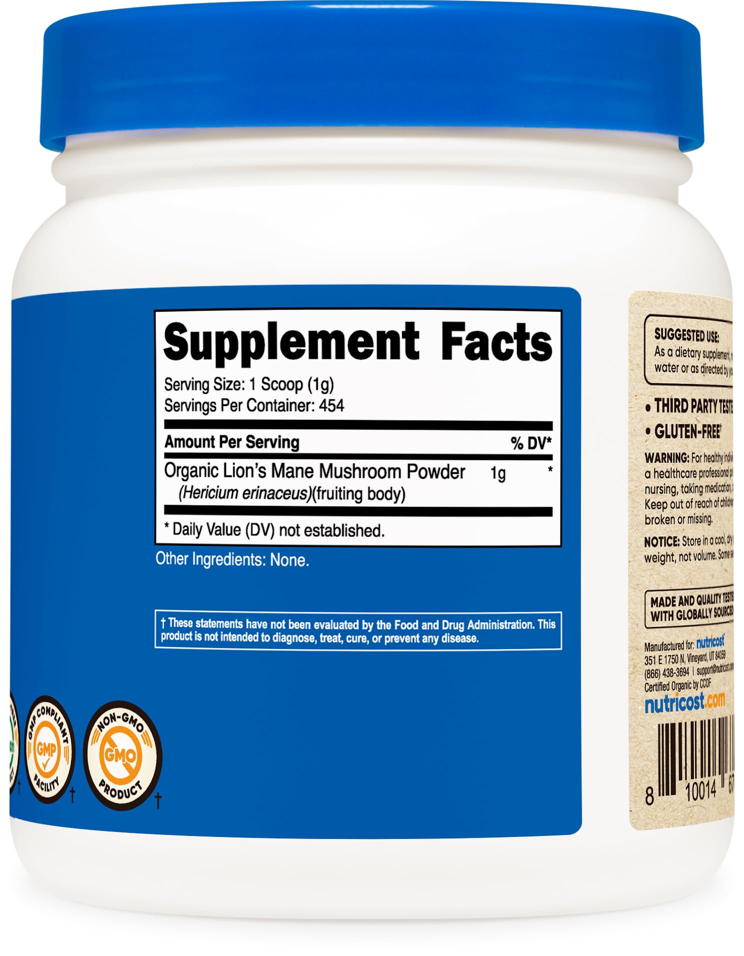 Nutricost Organic Lion's Mane Mushroom Powder 1LB (16oz) - USDA Certified Organic, Vegan, Gluten-Free - Supports Brain Health & Focus - Perfect for Coffee, Smoothies & Baking