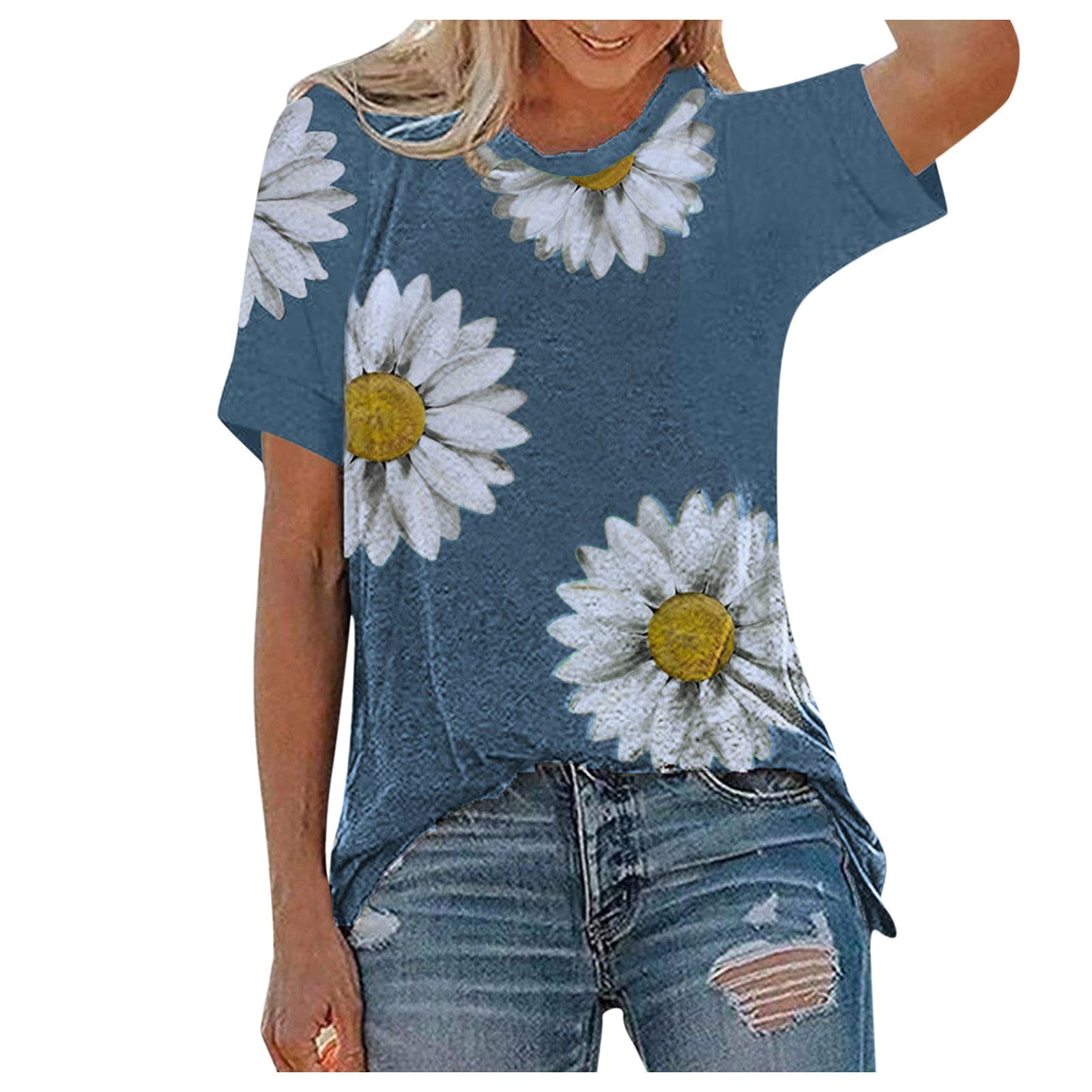 Women's Floral Print Short Sleeve T-Shirt - Loose Fit Summer Graphic Tee for Workout & Casual Wear | Crewneck Tunic Top for Outdoor Activities, Beach & Gym