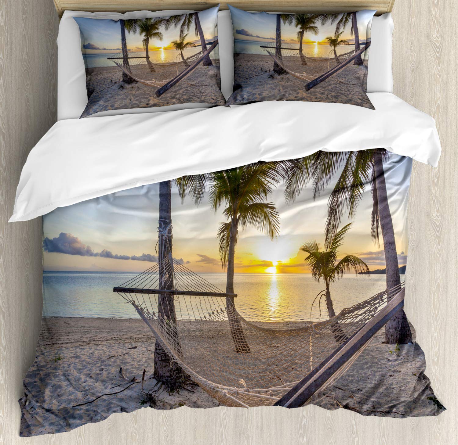 Ambesonne Tropical Duvet Cover Set - Paradise Beach Hammock & Coconut Palm Trees Design, Coastal Vacation Theme Bedding (2 Duvet Covers + 4 Pillowcases, 2-Pack California King Size, Blue Sand) - Perfect for Beach House Decor, Tropical Bedroom Makeover & Vacation Style Home