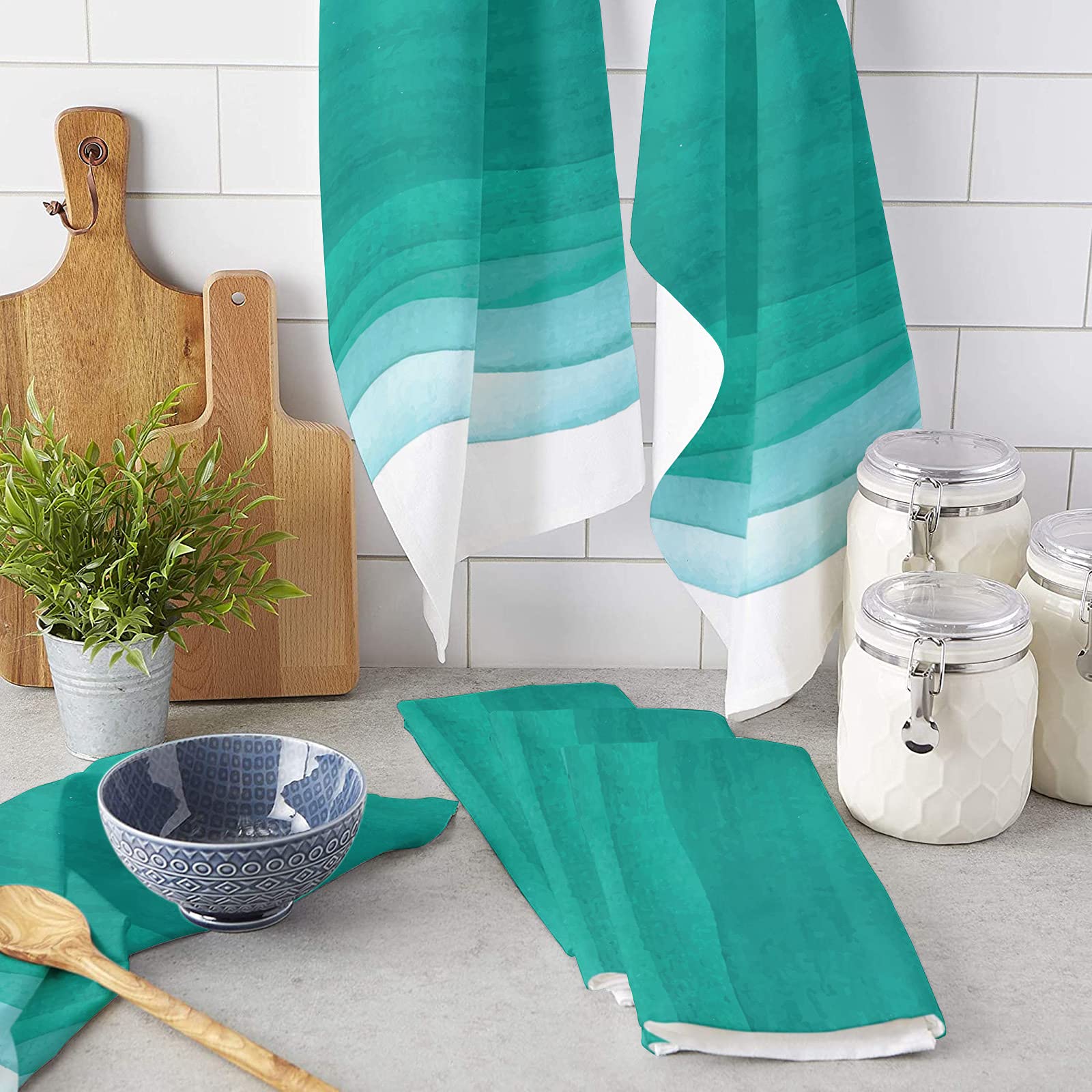 Ombre Aqua & Teal Kitchen Towels Set - 2 Pack Absorbent Soft Cotton Dish Cloths, 18x28 Inches - Perfect for Dishes, Bar Cleaning & Tea Time (Dish Towels, Bar Towels & Tea Towels)
