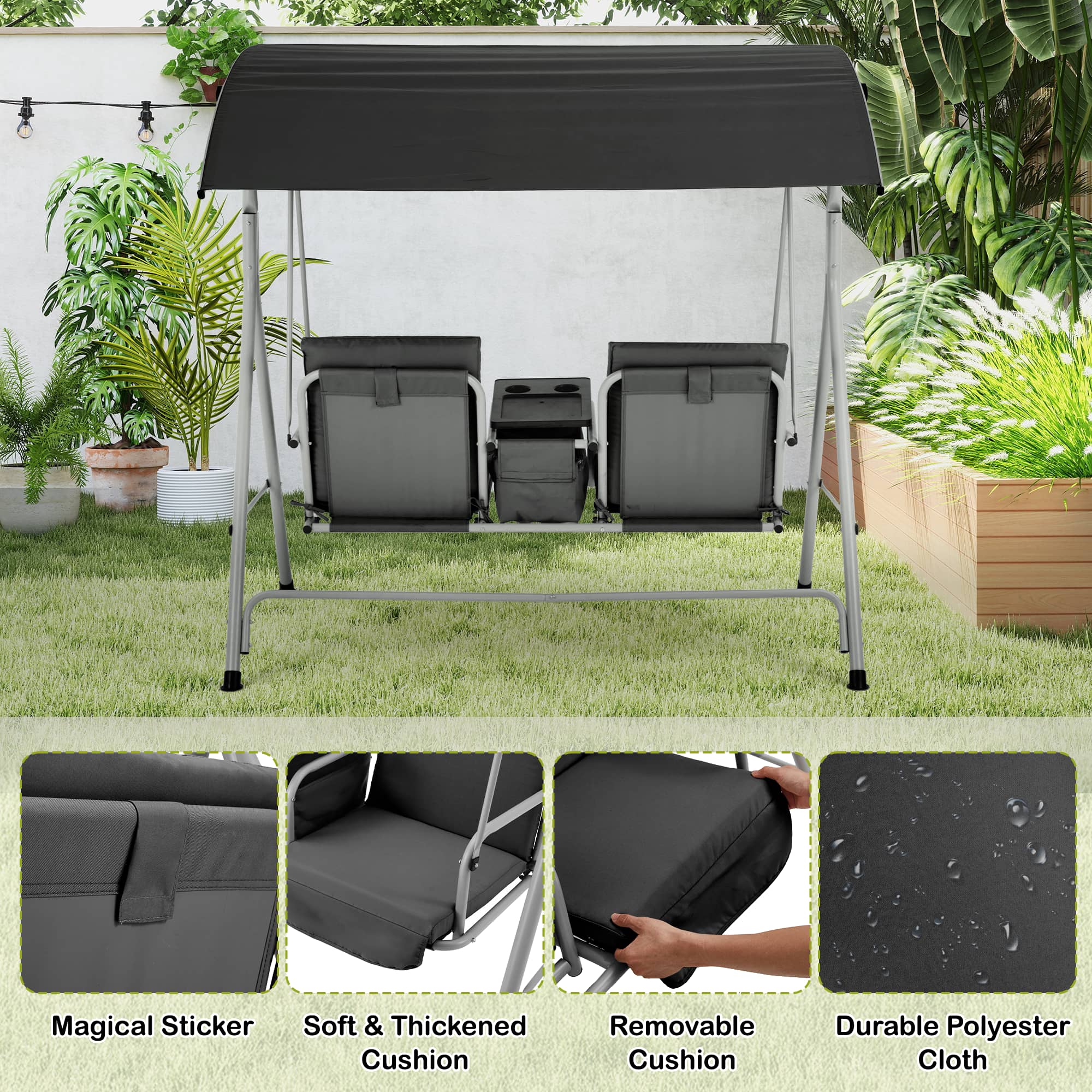 EROMMY 2-Person Outdoor Porch Swing with Canopy - Hanging Patio Chair with Storage Table, Cooler Bag & Comfortable Cushions (Black) - Perfect for Backyard, Garden, Deck Relaxation