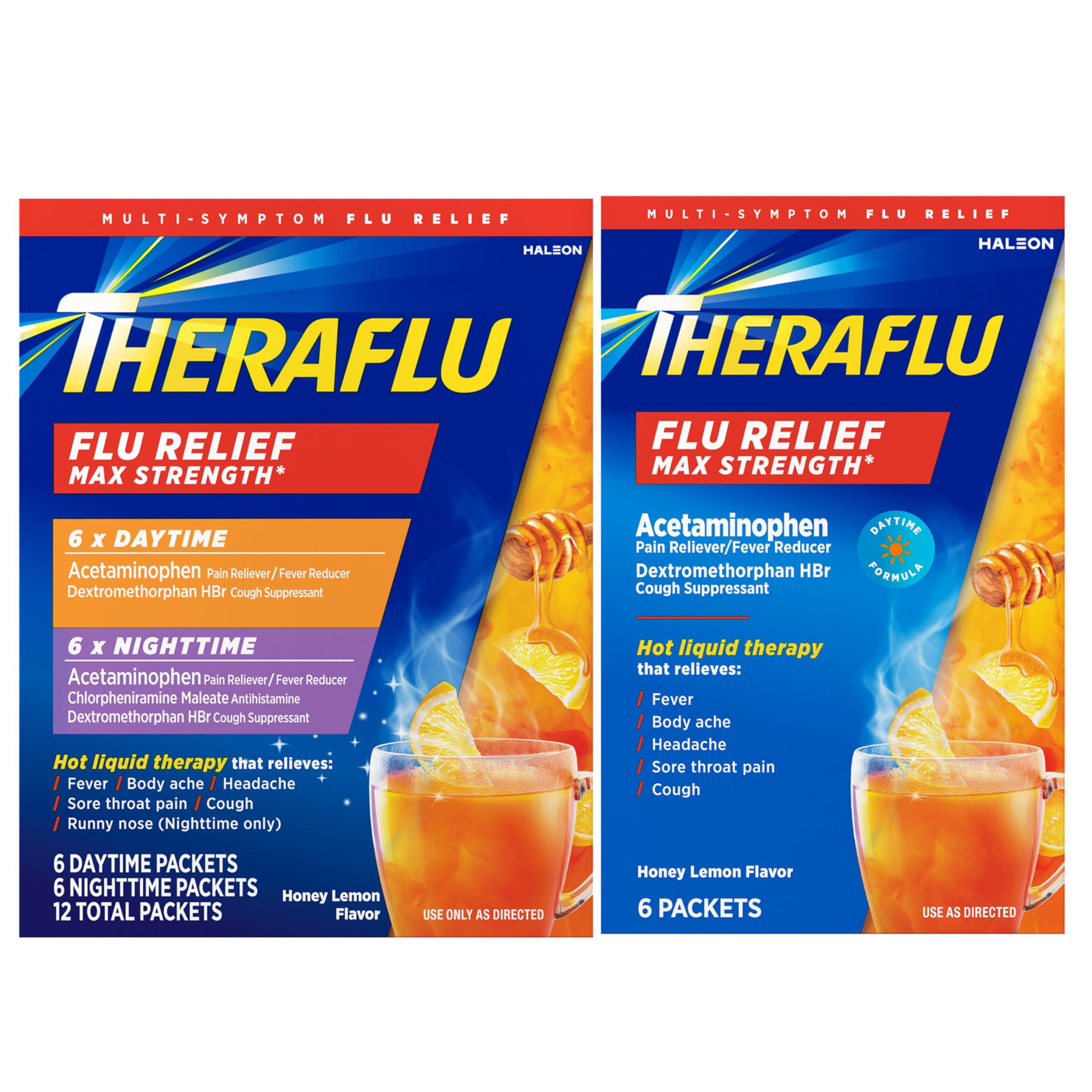 Theraflu Max Strength Daytime & Nighttime Flu Relief Powder - Honey Lemon Flavor (6 Daytime + 6 Nighttime Packets) | Fast-Acting Cold & Flu Symptom Relief for Adults | Perfect for Home, Office & Travel Use