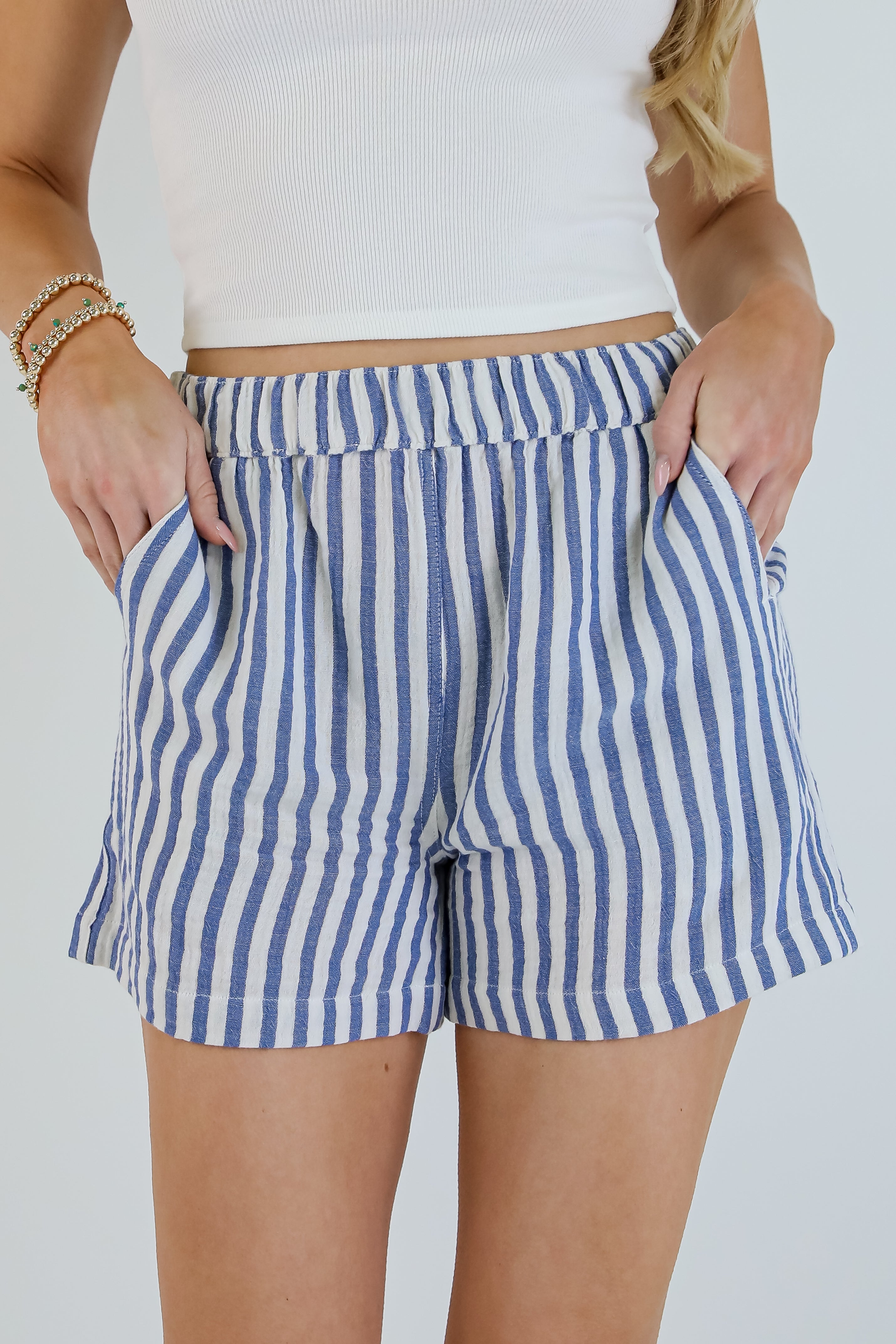 All American Denim Striped Linen Shorts for Women - Comfortable Casual Summer Shorts with Pockets | Perfect for Beach, Vacation, and Everyday Wear