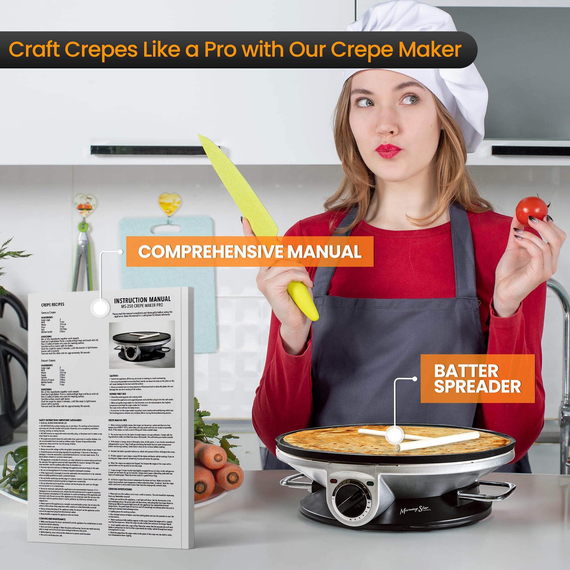 Morning Star 13-Inch Electric Crepe Maker - Nonstick Multi-Function Pancake & Tortilla Machine for Crepes, Roti, Wraps - Includes Wooden Spatula & Batter Spreader - Perfect for Breakfast, Brunch & Family Cooking - Easter Gift Idea