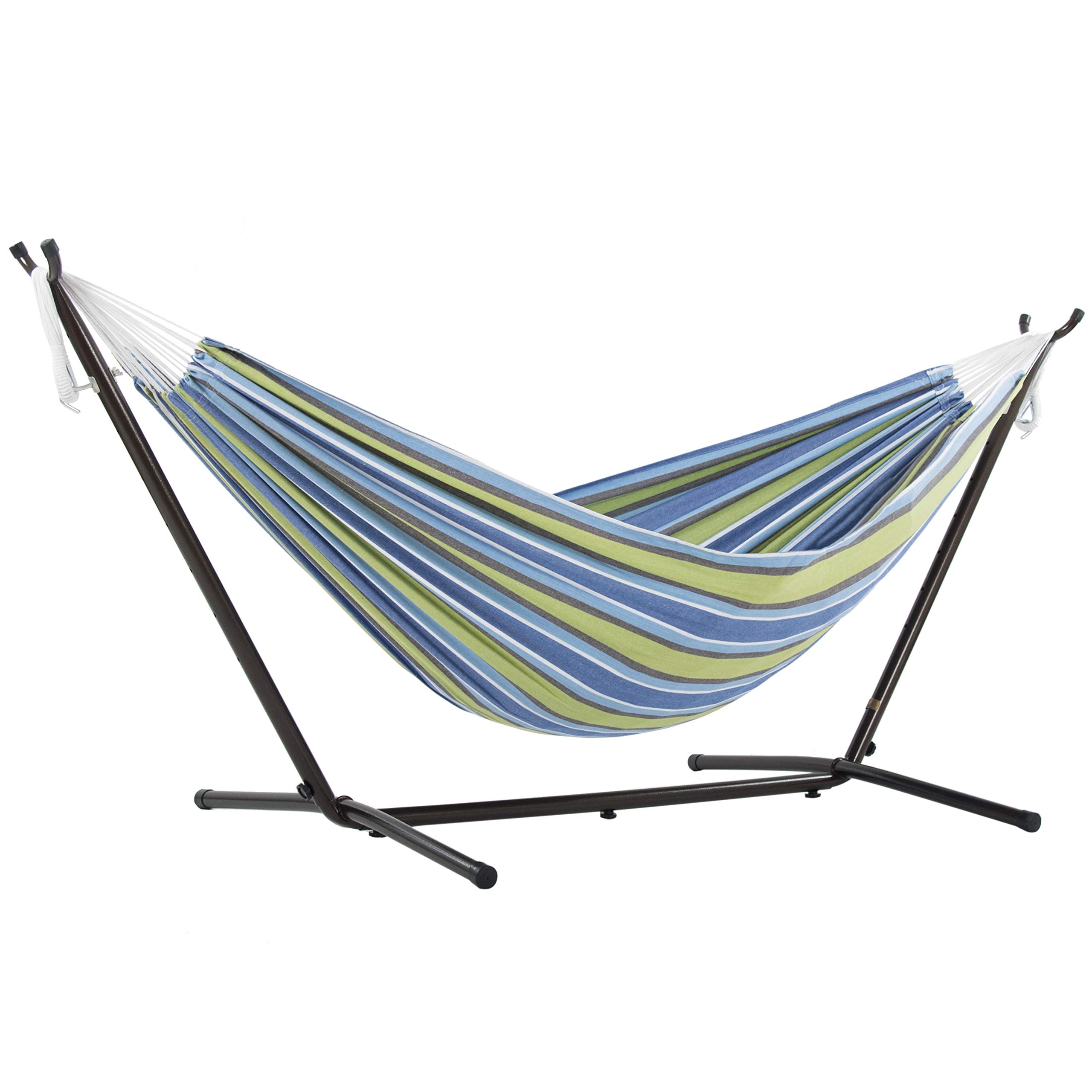Premium Vivere Double Cotton Hammock with Space-Saving Steel Stand - 450 lb Capacity - Upgraded Polyester End Strings - Includes Carry Bag - USA Grown Cotton (Oasis) - Perfect for Backyard, Patio, Camping & Beach Relaxation