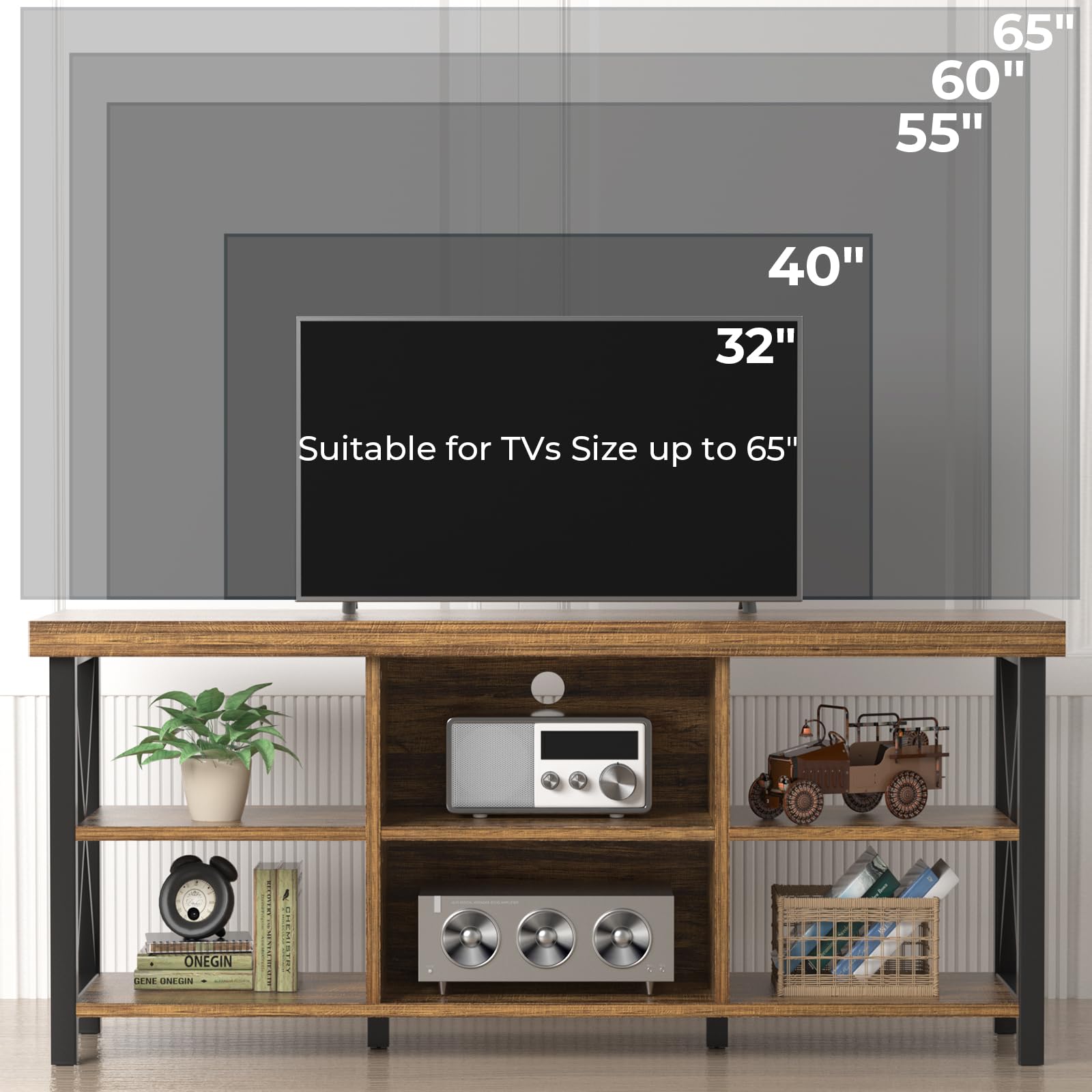 GreenForest 43.3 x 23.6 Inch Large Rustic Farmhouse Coffee Table with Storage Shelf & TV Stand - Holds 65 Inch TVs, Entertainment Center with 6 Storage Cabinets for Living Room (Walnut Finish) - Perfect for Family Gatherings & Movie Nights