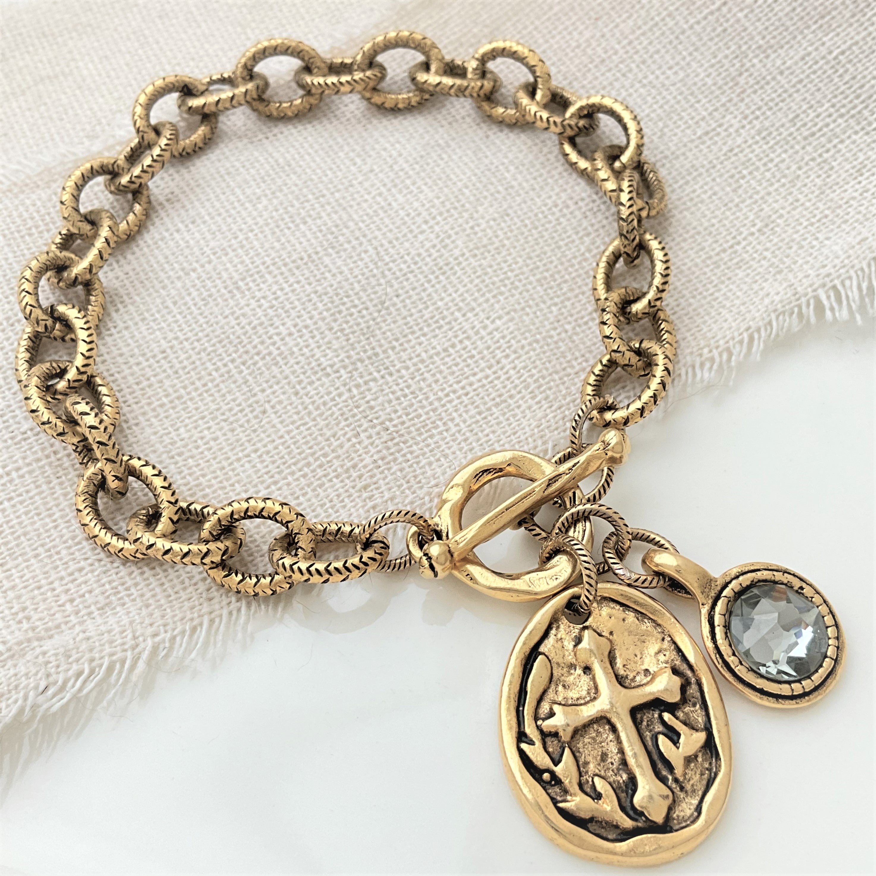 Antiqued Gold Link Bracelet with Old World Oval Cross & Swarovski Crystal Charm - Elegant Jewelry for Women, Gift for Her, Perfect for Parties, Weddings & Special Occasions