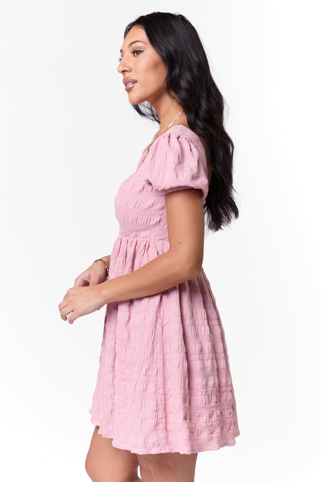 Breezing By Pink Textured Square Neck Mini Dress - Flirty Summer Party Outfit for Women | Perfect for Dates, Cocktails & Beach Vacations