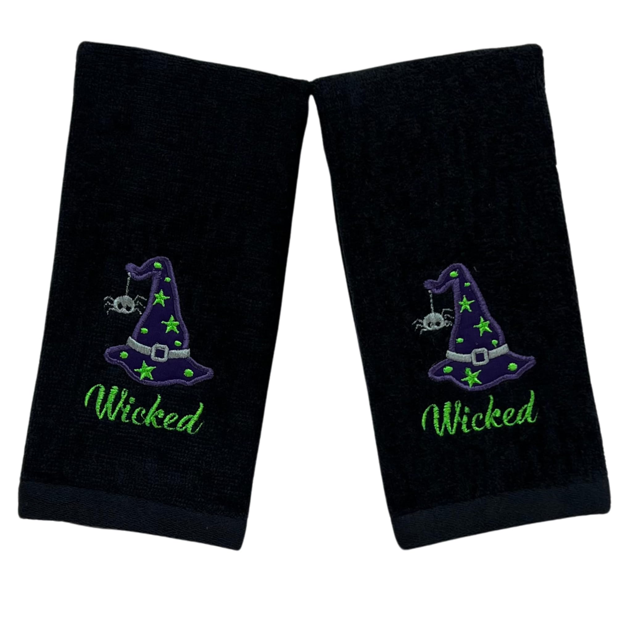 Serafina Home Halloween Fingertip Towels - 2-Piece Black Plush Bathroom Towel Set with Embroidered Witch Hat Design (12x18 Inches) | Spooky Bath Decor for Halloween Parties & Witch-Themed Home Decor
