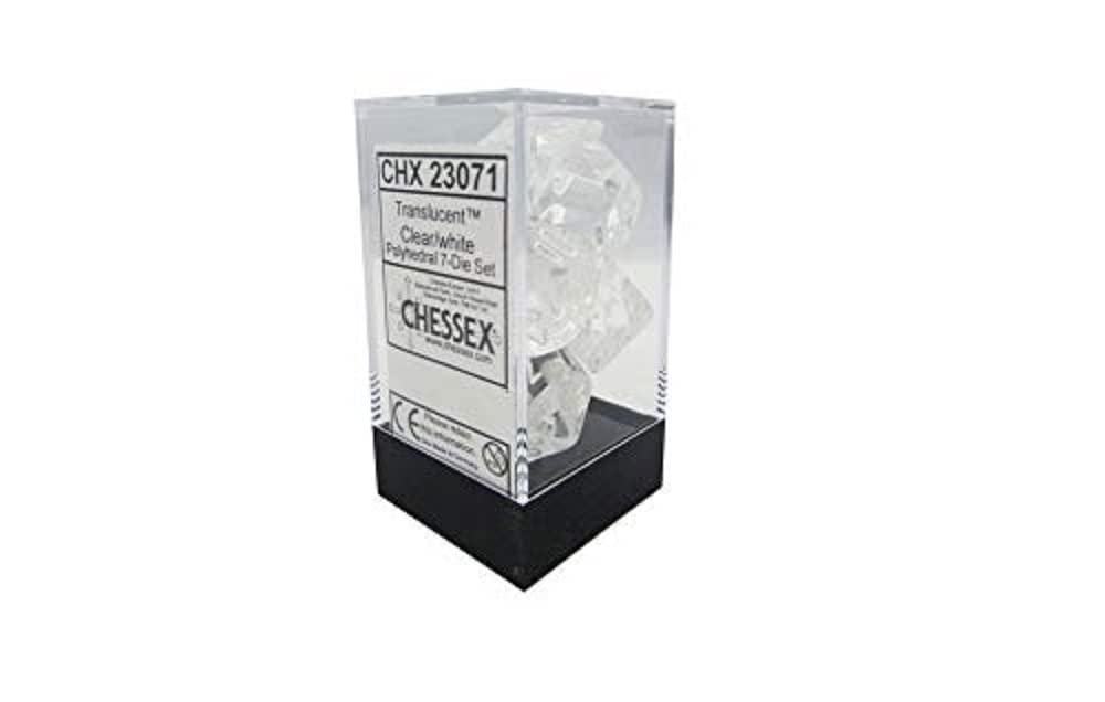 Chessex Translucent Dice Set - 7-Piece Clear with White RPG Polyhedral Dice for D&D, Pathfinder & Tabletop Gaming - 1.8 Inch Diameter