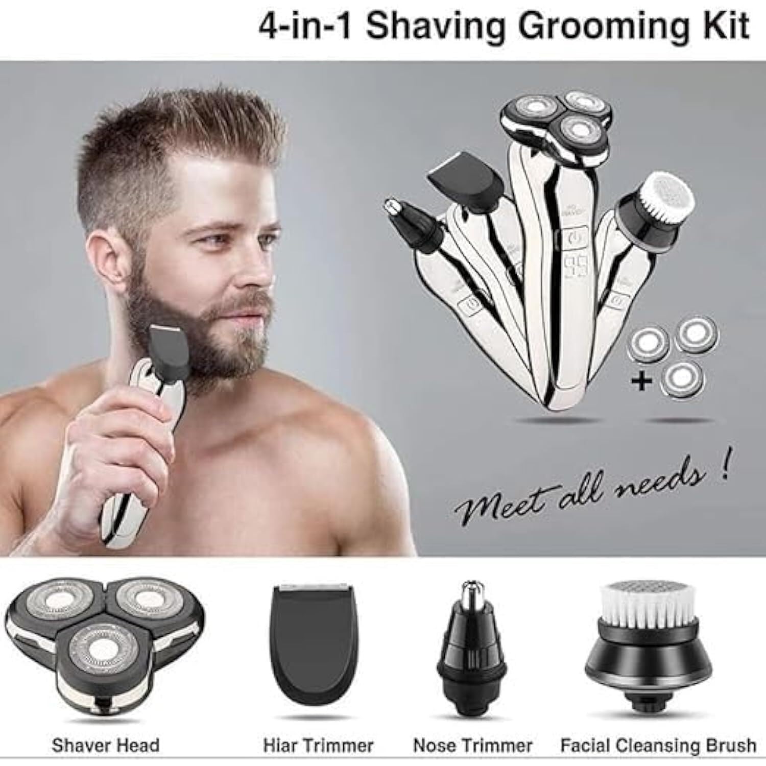4-in-1 Rechargeable Electric Razor for Men - Waterproof Wet/Dry Shaver with Beard & Mustache Trimmer, USB Charging & Precision Blades | Perfect for Travel, Gym & Daily Grooming Routine