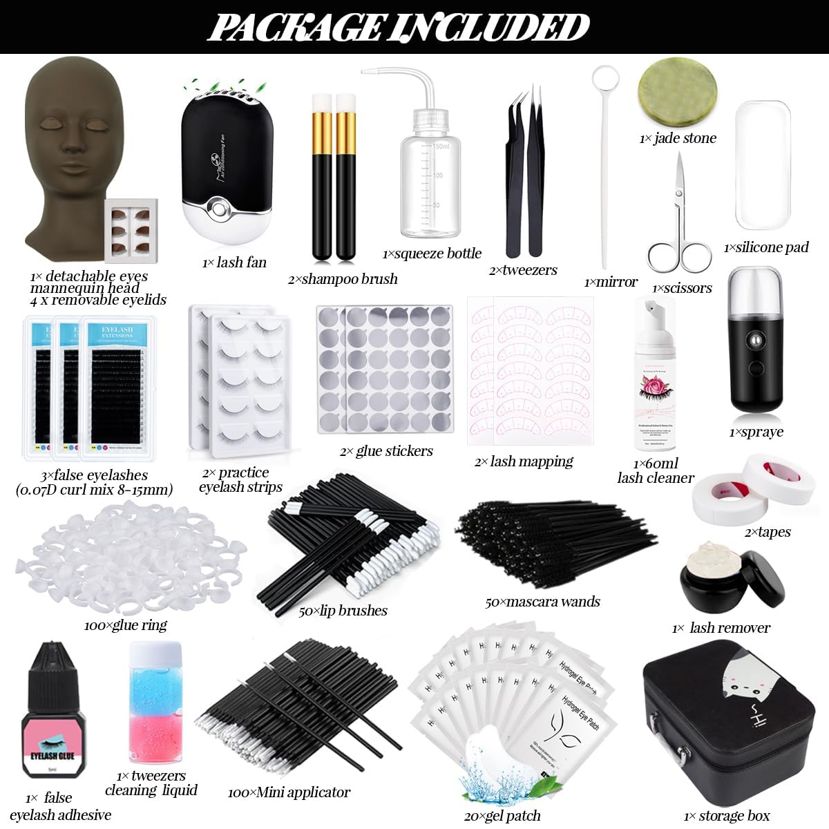 Professional Eyelash Extension Kit for Beginners - Complete Set with Mannequin Head, Removable Eyelids, USB Fan, Sprayer, False Lashes & Storage Box | Perfect for Salon Training, Home Practice & DIY Lash Artists