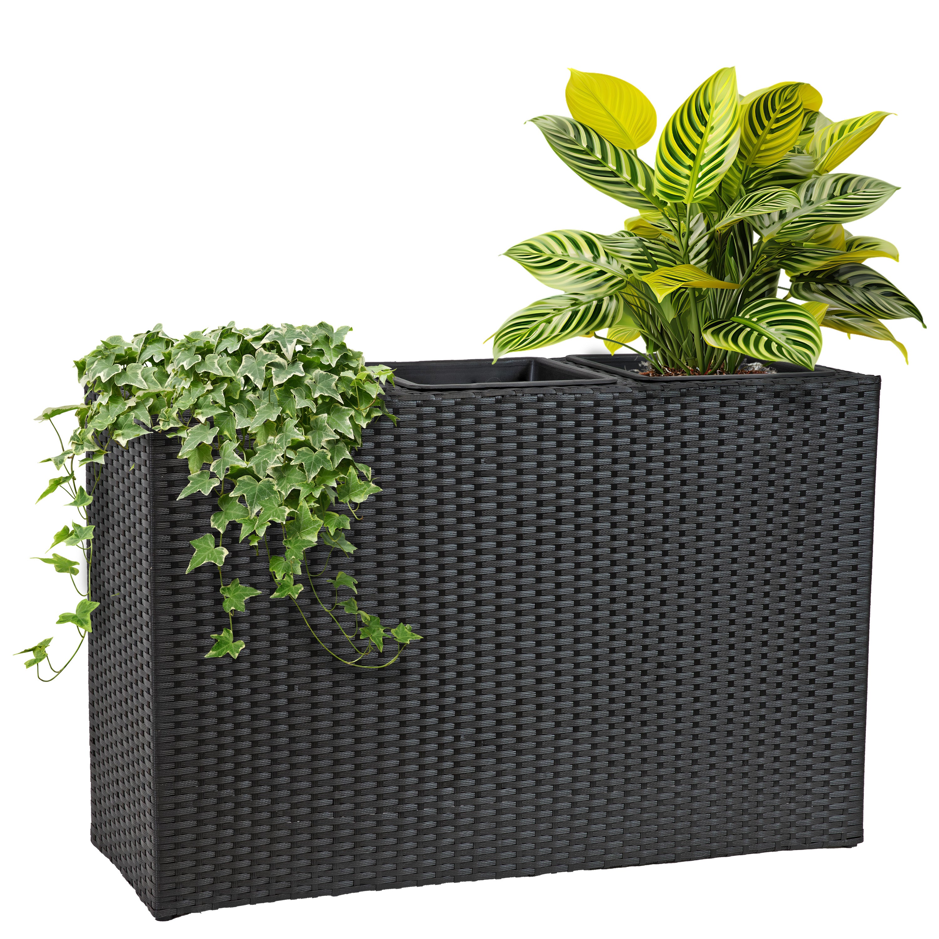 Sunnydaze 3-Section Black Wicker Planter Box for Indoor Outdoor Garden, Patio, Balcony Decor - Perfect for Flowers, Herbs, and Plants