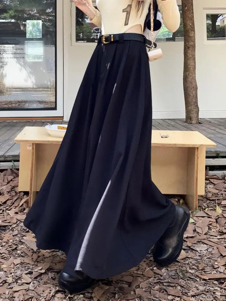 2023 Fashion Women's High Waist Pleated A-Line Skirt with Belt - Autumn Black & Grey Korean Style Chic Long Skirt for Office, Dating & Casual Wear
